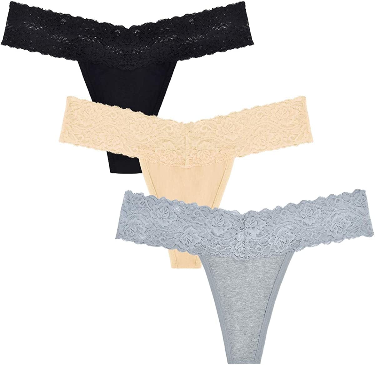 Lace Thongs for Women Thong Underwear Women Lace Panties Women Underwear Cotton Thongs for Women Pack Black + Gray + Apricot / Medium