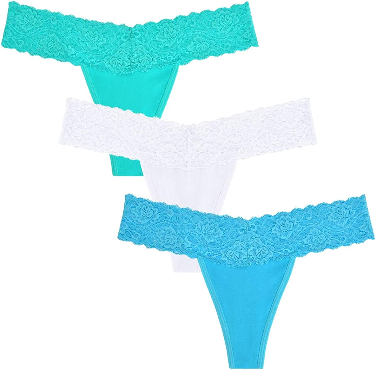Lace Thongs for Women Thong Underwear Women Lace Panties Women Underwear Cotton Thongs for Women Pack Green + White + Blue / Medium