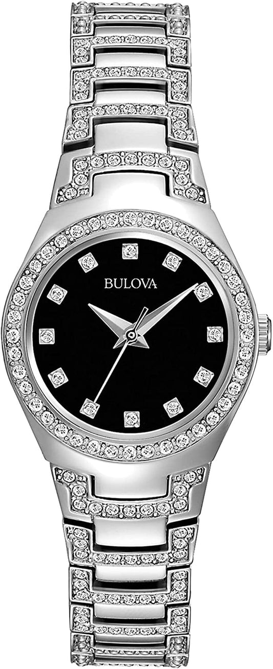 Ladies' Classic Crystal Stainless Steel 3-Hand Quartz Watch, Black Sunray Dial Style: 96L170