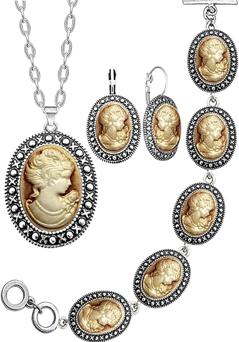 Lady Queen Cameo Jewelry Sets Vintage Look Necklace Earrings Bracelet Antique Silver Plated Fashion Jewelry Brown