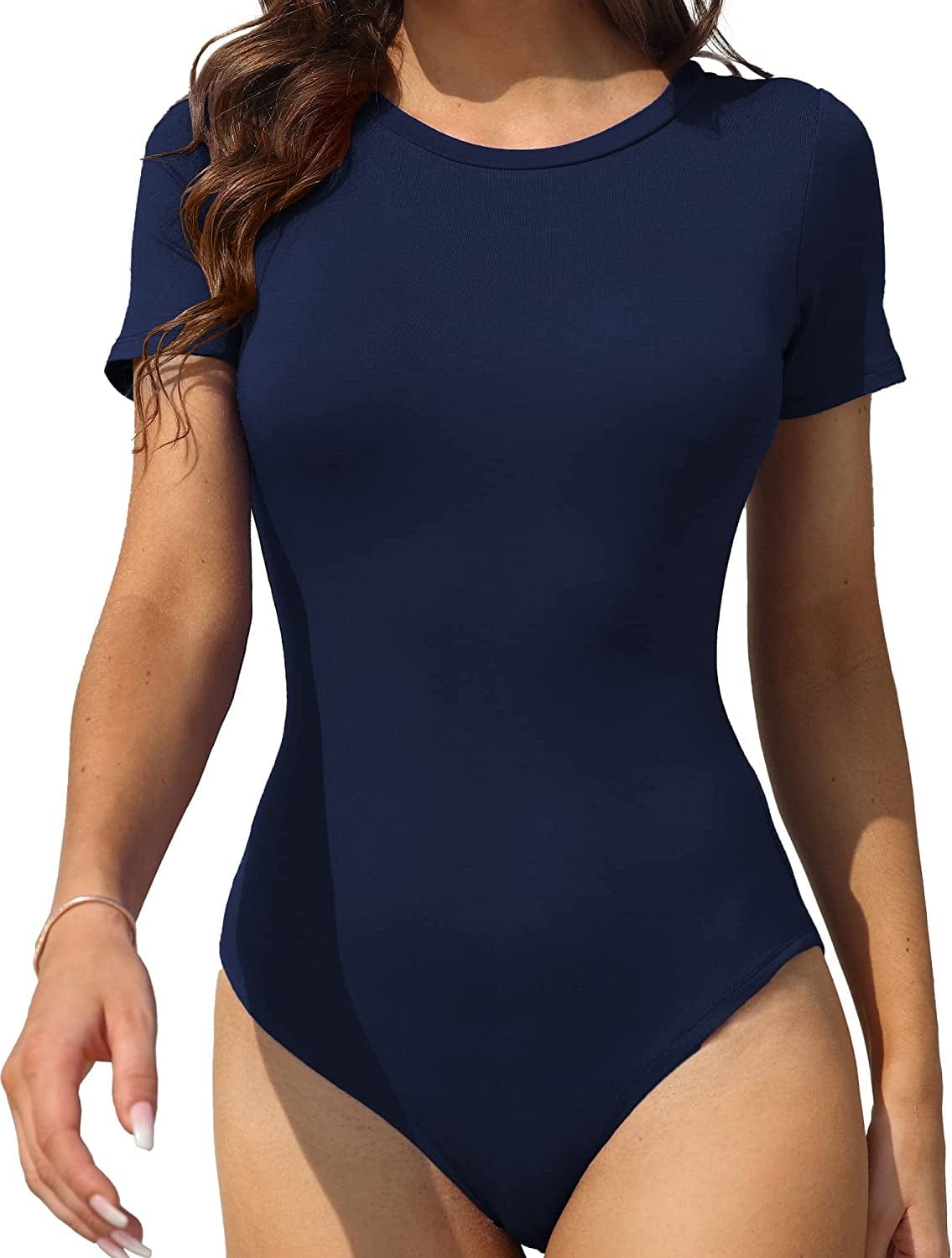 LAOLASI Women'S Crew Neck round Neck Short Sleeves Slim Fit Casual Basic Extender Bodysuit Daily Jumpsuit T Shirts 02 Dark Blue / Large