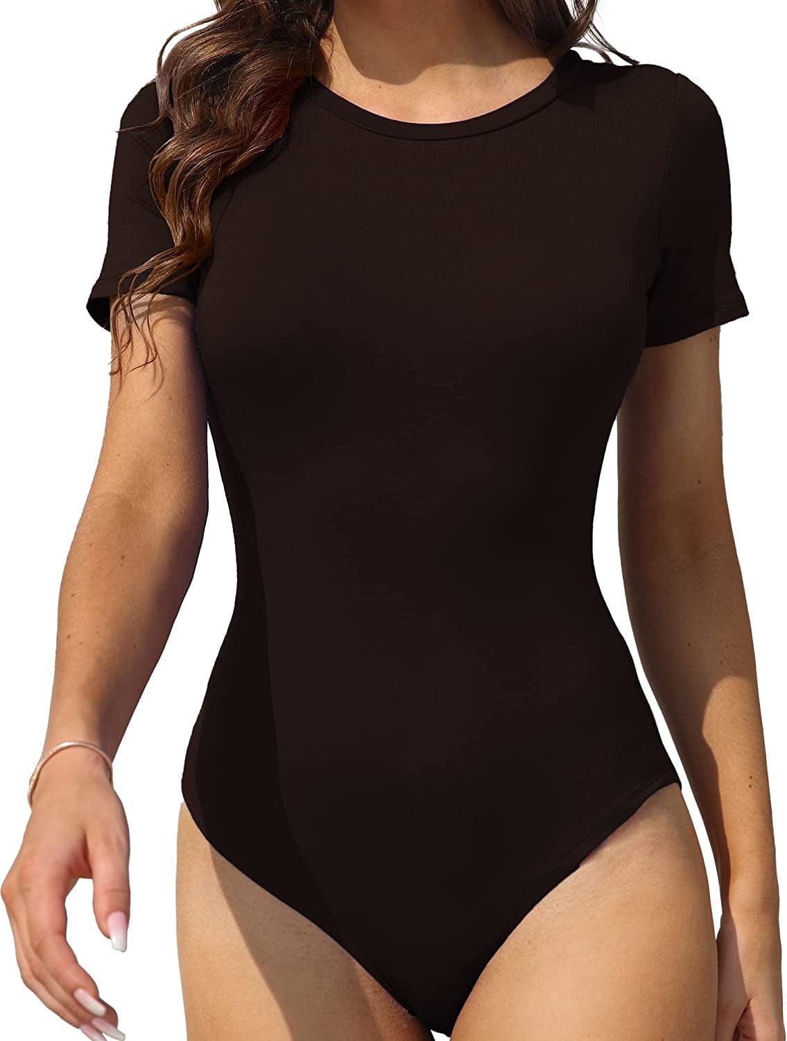 LAOLASI Women'S Crew Neck round Neck Short Sleeves Slim Fit Casual Basic Extender Bodysuit Daily Jumpsuit T Shirts 02 Coffee / X-Large