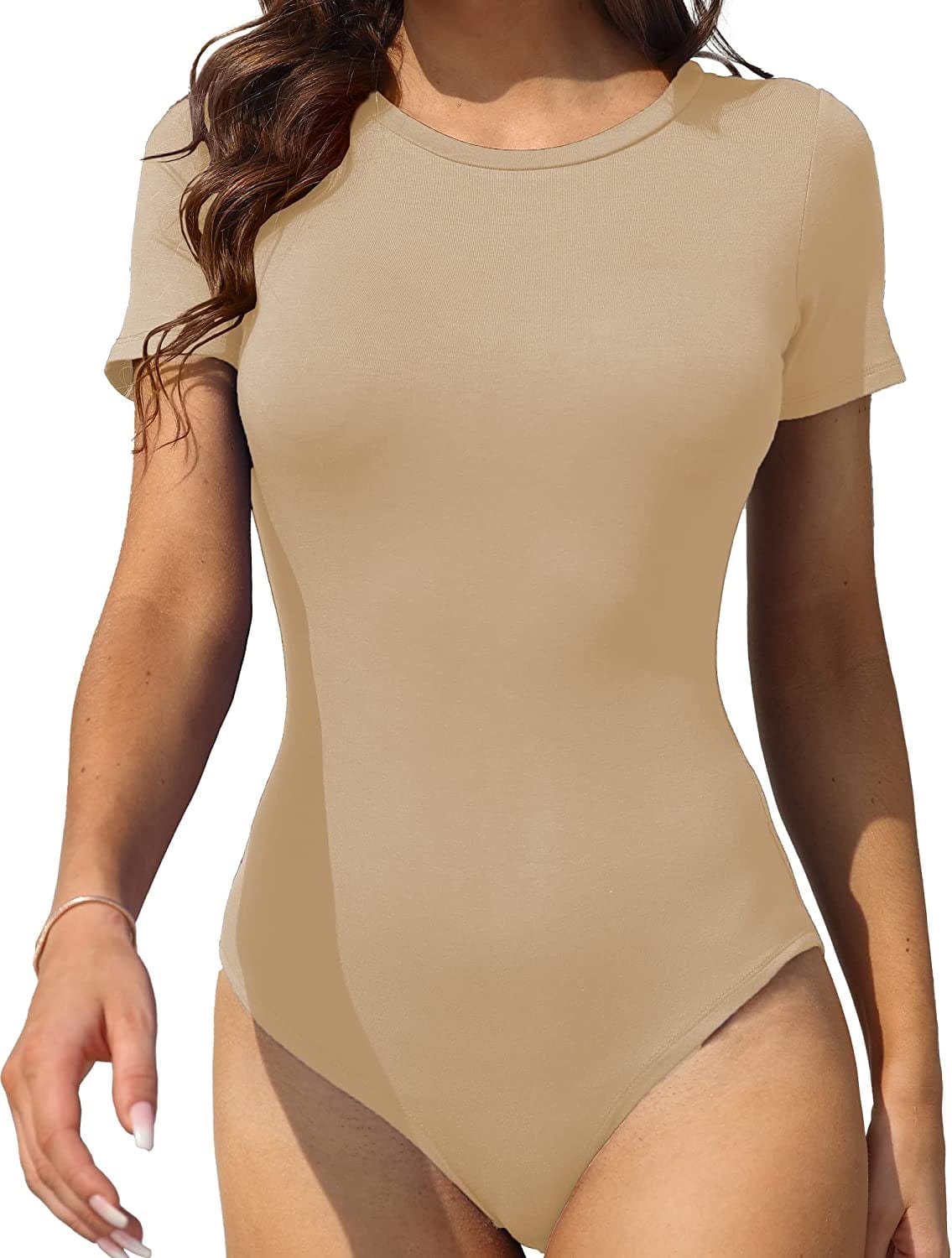 LAOLASI Women'S Crew Neck round Neck Short Sleeves Slim Fit Casual Basic Extender Bodysuit Daily Jumpsuit T Shirts Nude / Small