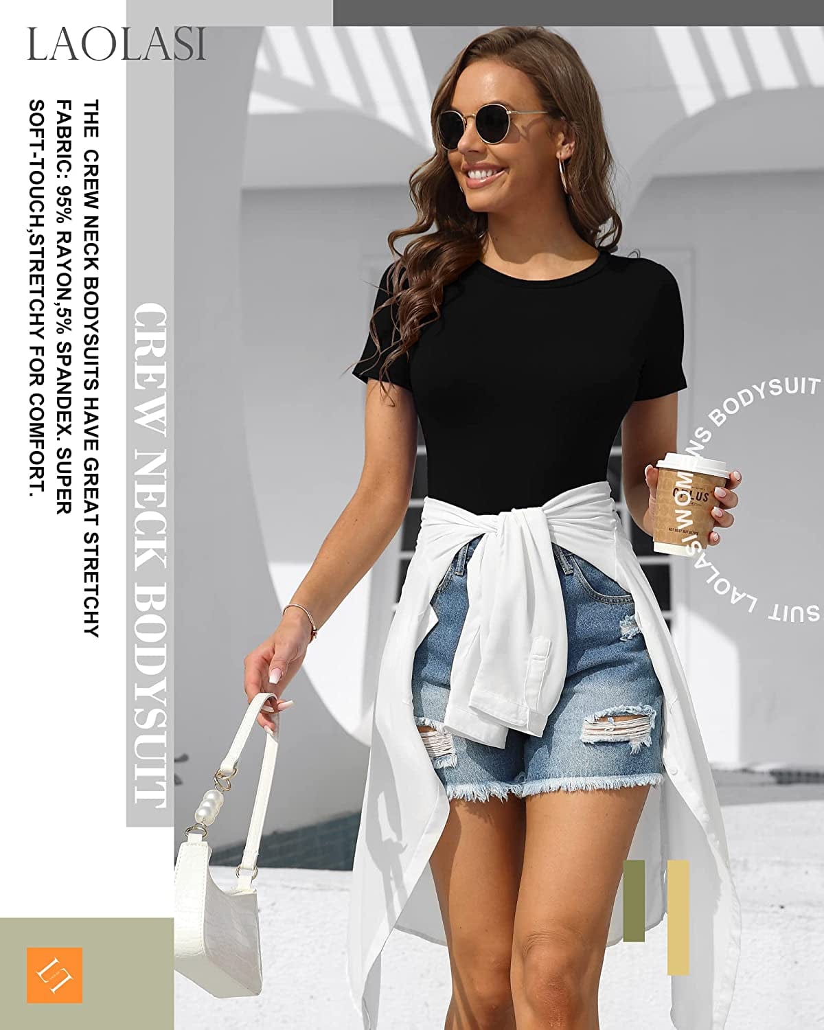 LAOLASI Women'S Crew Neck round Neck Short Sleeves Slim Fit Casual Basic Extender Bodysuit Daily Jumpsuit T Shirts