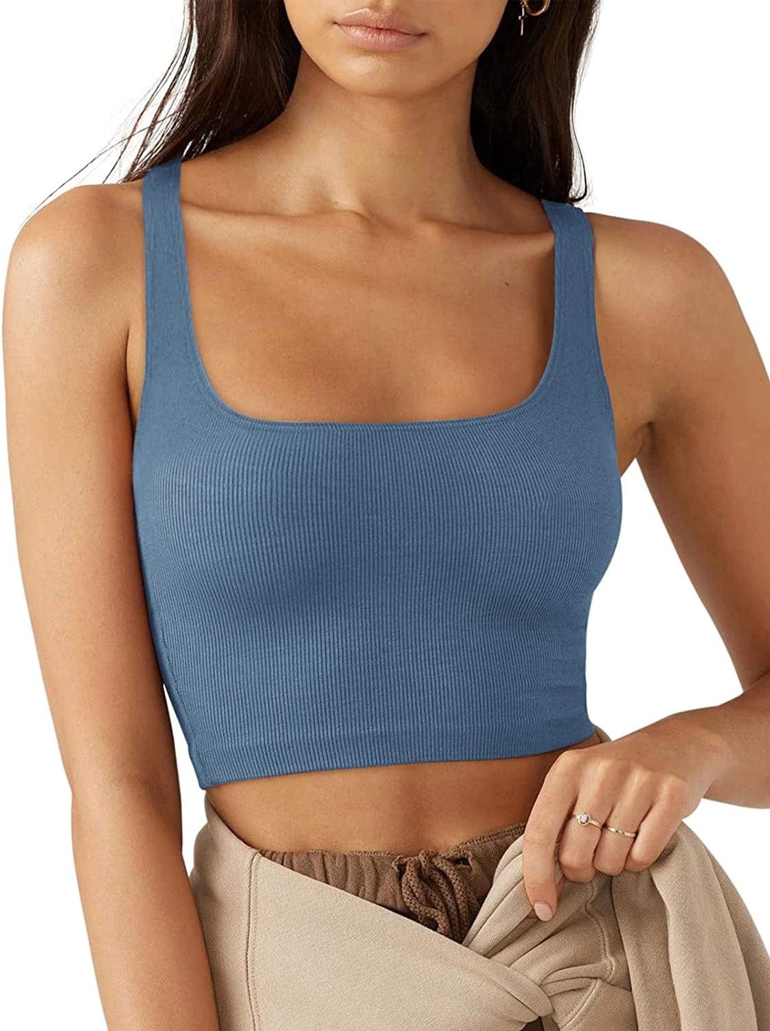 LASLULU Women’S Sexy Sleeveless Square Neck Fitted Ribbed Gym Workout Crop Tank Tops Blue / Large