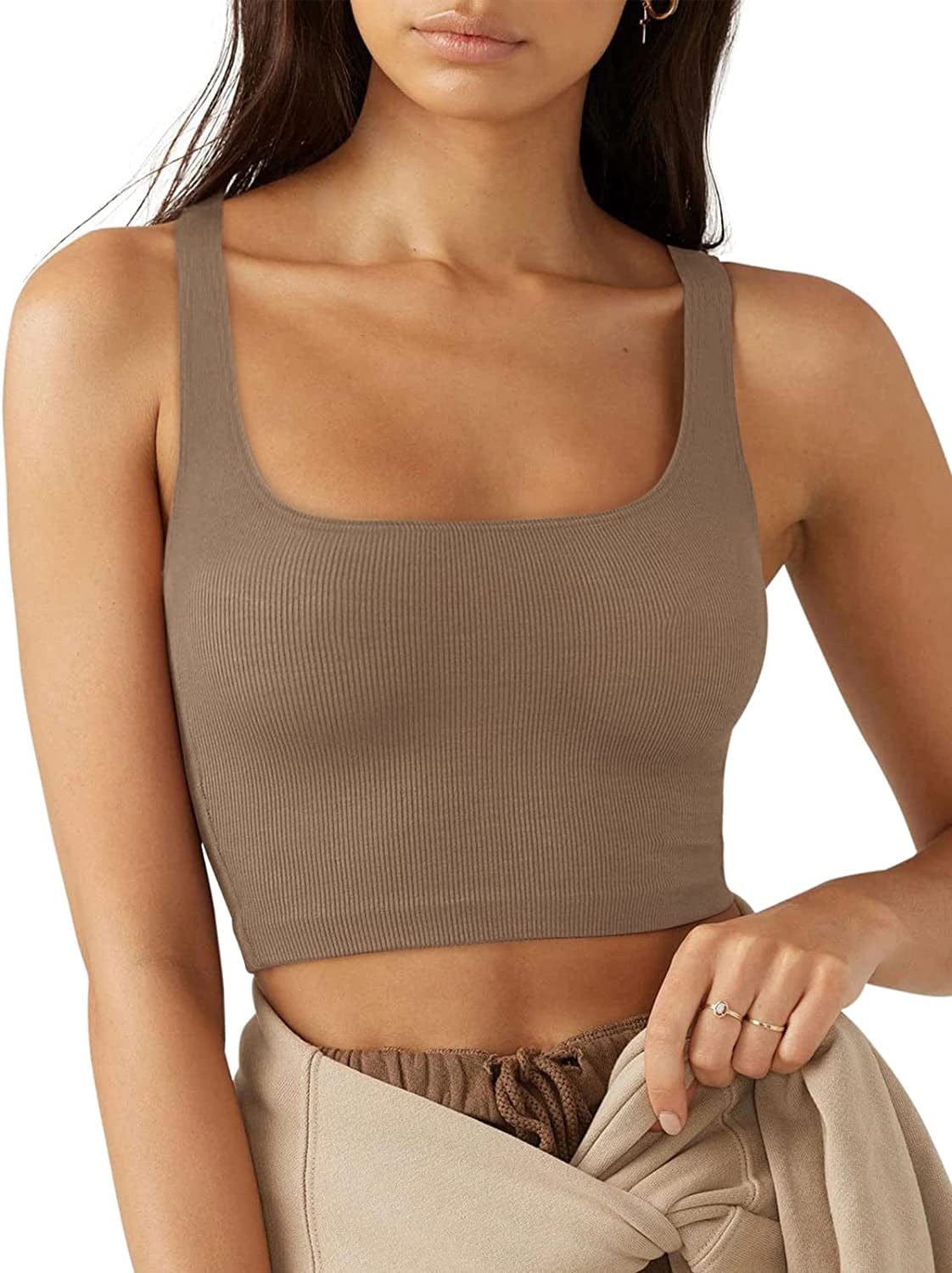 LASLULU Women’S Sexy Sleeveless Square Neck Fitted Ribbed Gym Workout Crop Tank Tops Brown / Large