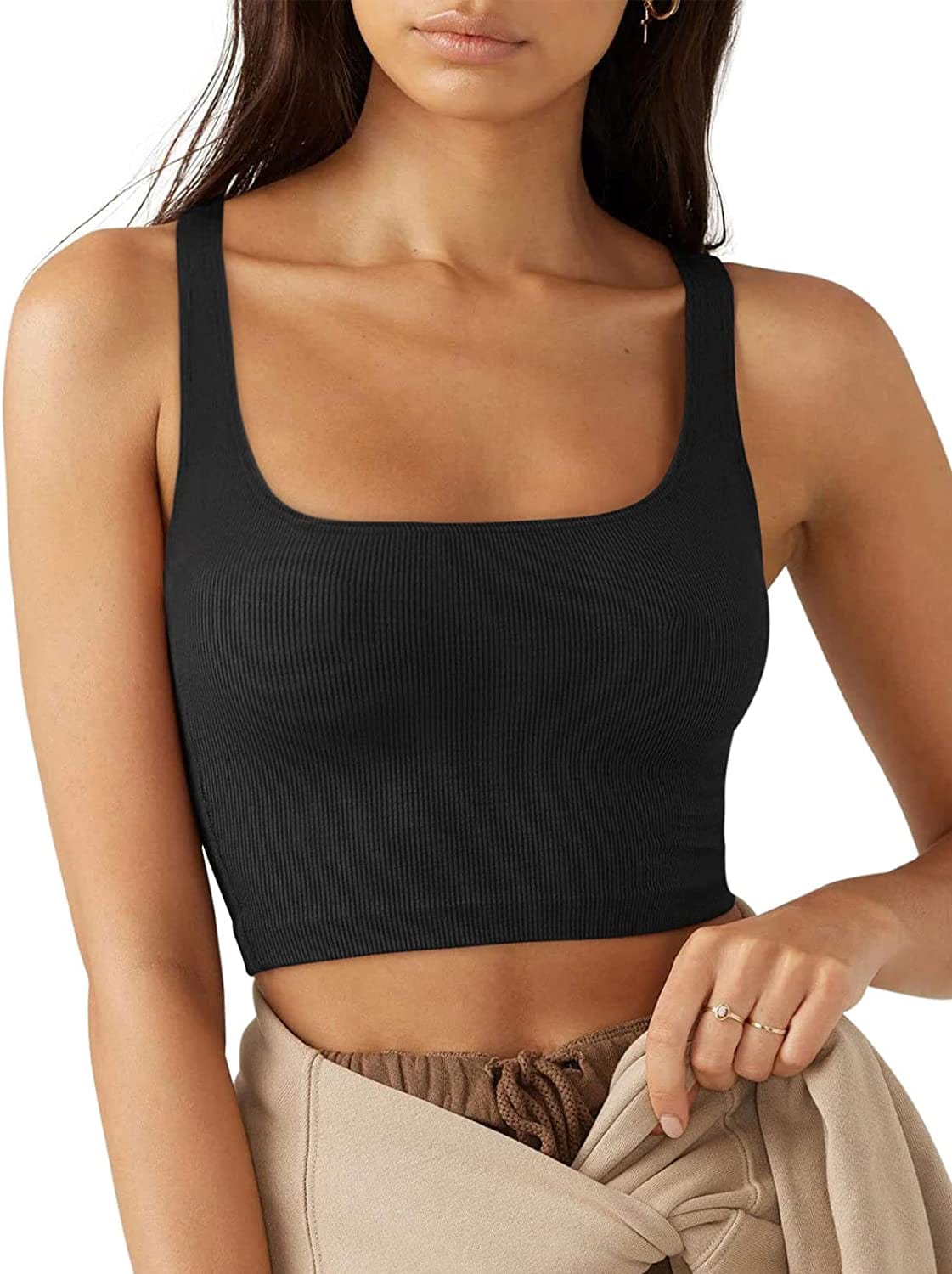 LASLULU Women’S Sexy Sleeveless Square Neck Fitted Ribbed Gym Workout Crop Tank Tops Black / Large