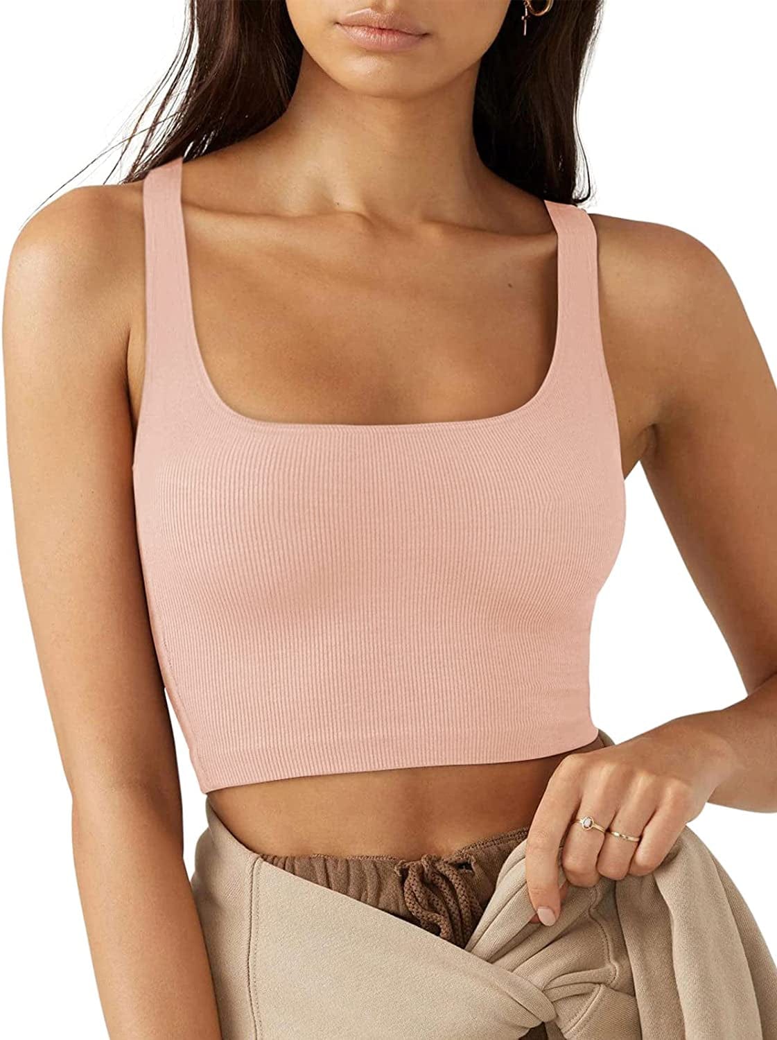LASLULU Women’S Sexy Sleeveless Square Neck Fitted Ribbed Gym Workout Crop Tank Tops Pink / Large