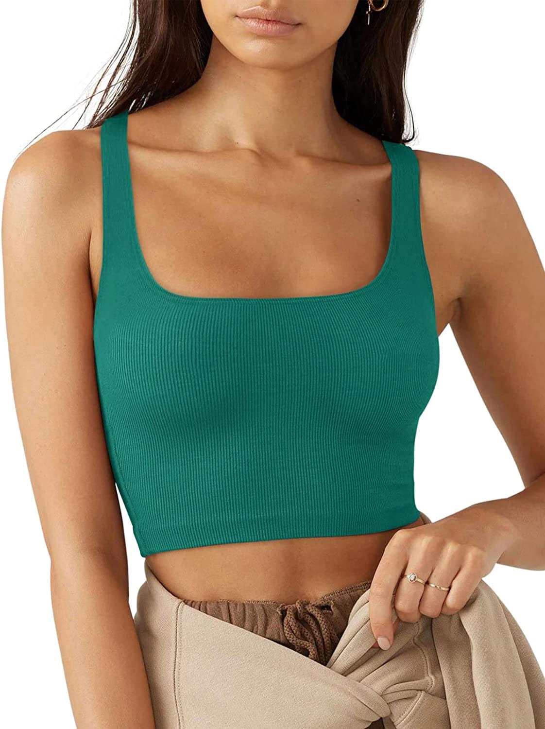 LASLULU Women’S Sexy Sleeveless Square Neck Fitted Ribbed Gym Workout Crop Tank Tops Aqua Green / Large