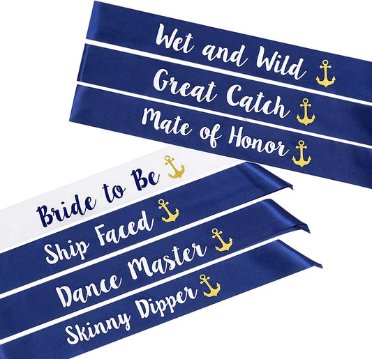 “Last Sail before the Veil” Bachelorette Sashes | 7 Pack | 1 Bride to Be Sash and 6 Bride Tribe Sashes with Fun Nautical Phrases Apparel & Accessories > Clothing Accessories > Sashes Pop Fizz Designs 7