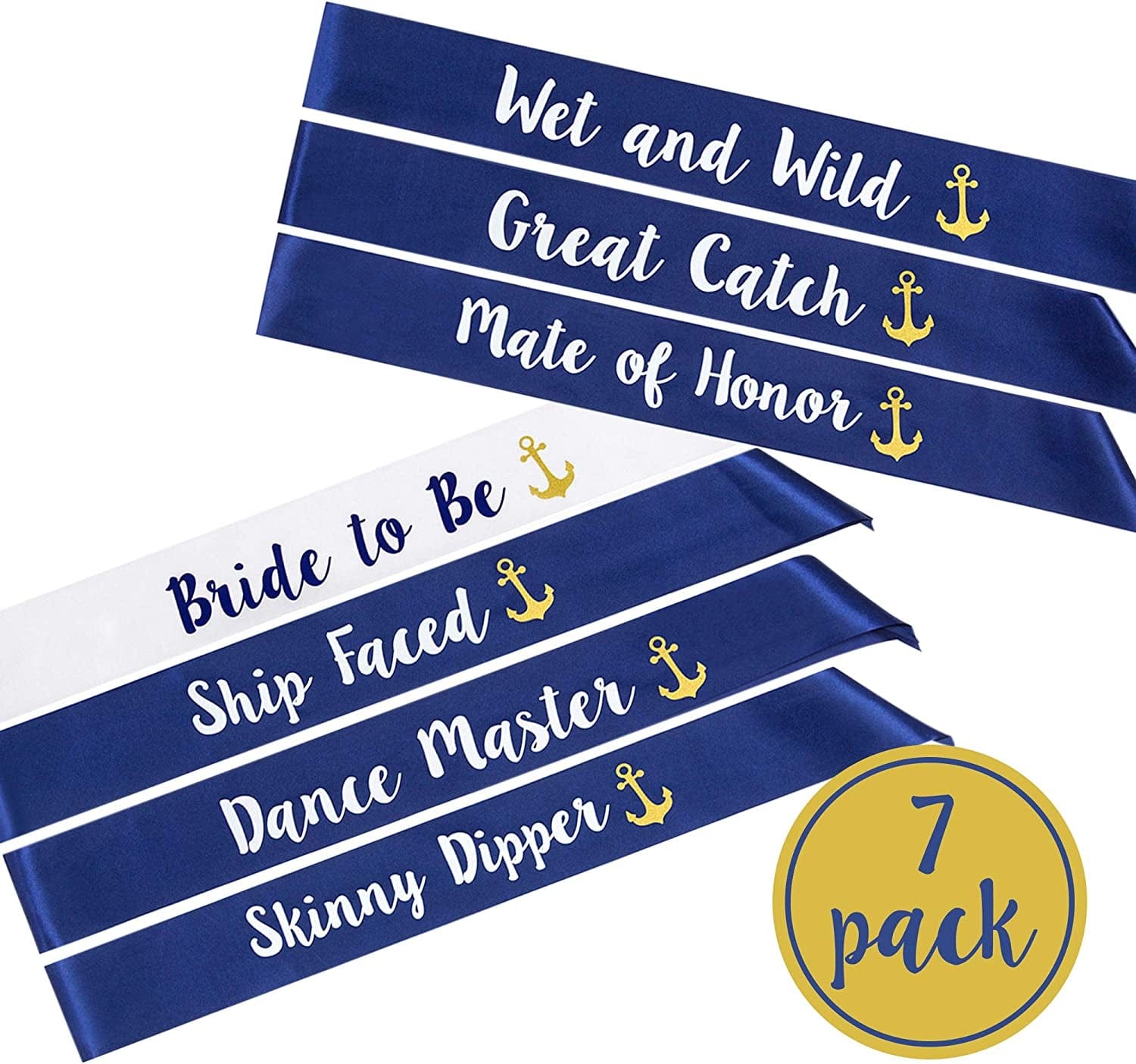 “Last Sail before the Veil” Bachelorette Sashes | 7 Pack | 1 Bride to Be Sash and 6 Bride Tribe Sashes with Fun Nautical Phrases Apparel & Accessories > Clothing Accessories > Sashes Pop Fizz Designs