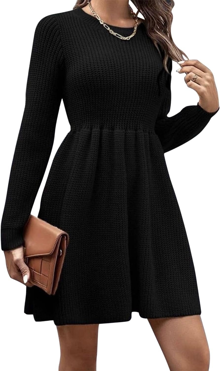 Lauweion Women'S Bodycon Knee Length Skater Sweater Dress Long Sleeve Crewneck Empire Waist Swing Babydoll Dresses Black / Small