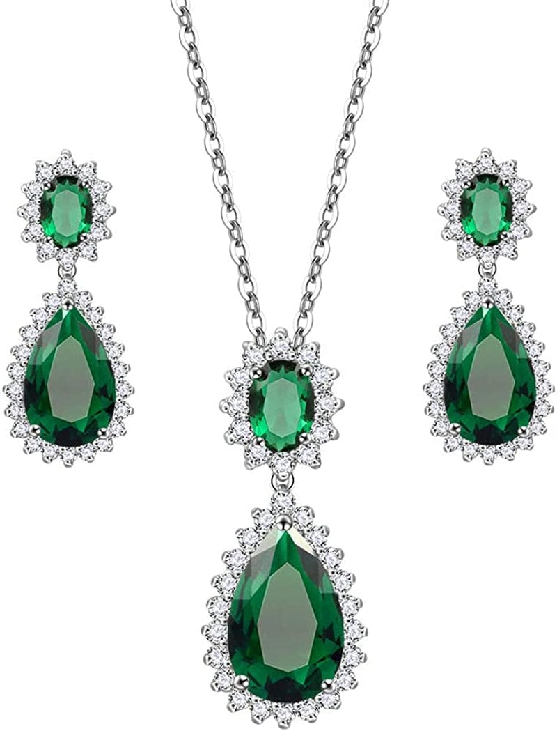 Lavencious Teardrop Dangle Necklace & Earring Sets for Women Trendy AAA Cubic Zirconia for Women Green