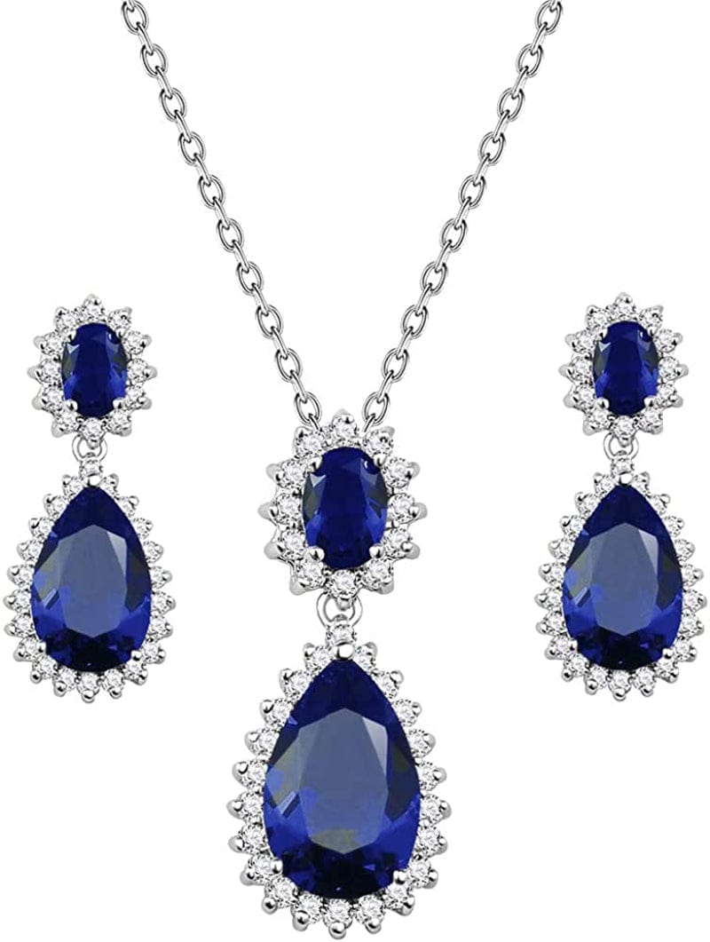 Lavencious Teardrop Dangle Necklace & Earring Sets for Women Trendy AAA Cubic Zirconia for Women Blue