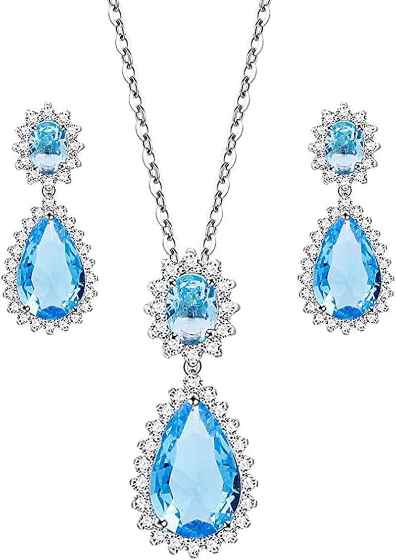 Lavencious Teardrop Dangle Necklace & Earring Sets for Women Trendy AAA Cubic Zirconia for Women Aqua Blue
