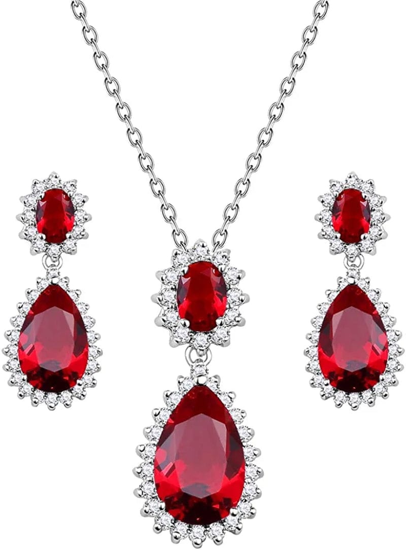 Lavencious Teardrop Dangle Necklace & Earring Sets for Women Trendy AAA Cubic Zirconia for Women Red