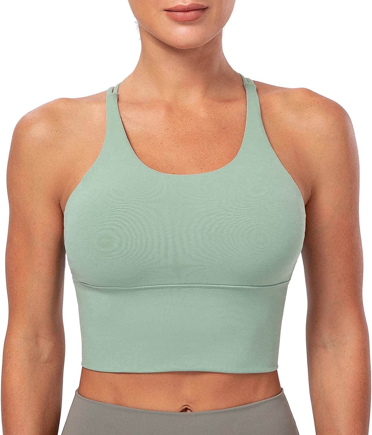 Lavento Women'S Sports Bra Medium Support Workout Yoga Longline Tops Celadon / 4