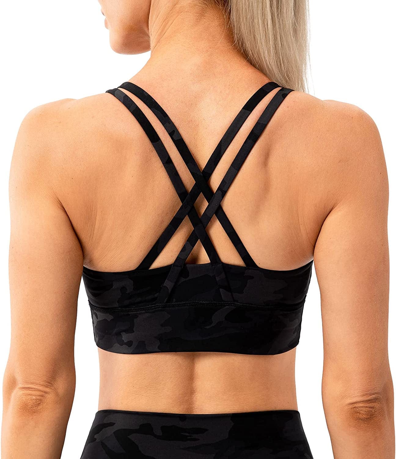 Lavento Women'S Strappy Sports Bra Medium Support Workout Training Top Black Camo / Large