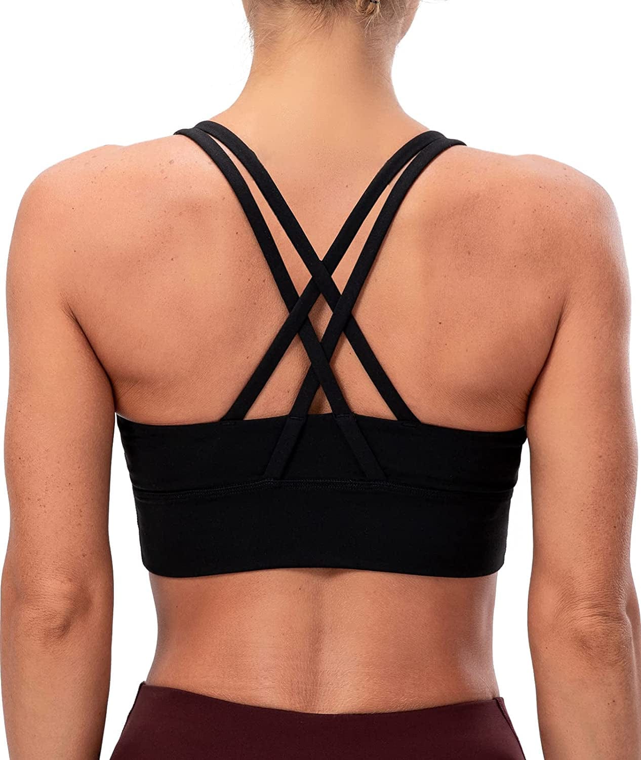Lavento Women'S Strappy Sports Bra Medium Support Workout Training Top Black / X-Large