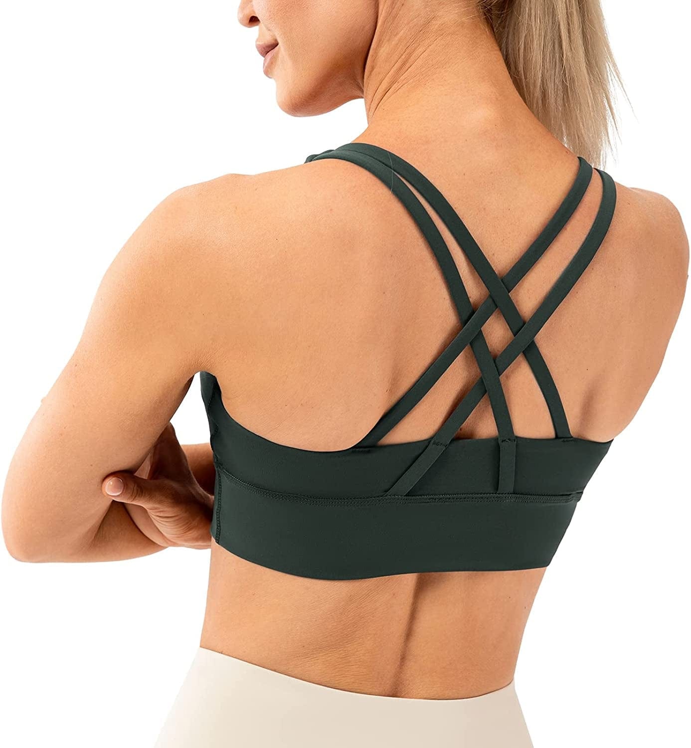 Lavento Women'S Strappy Sports Bra Medium Support Workout Training Top Forest Green / Small