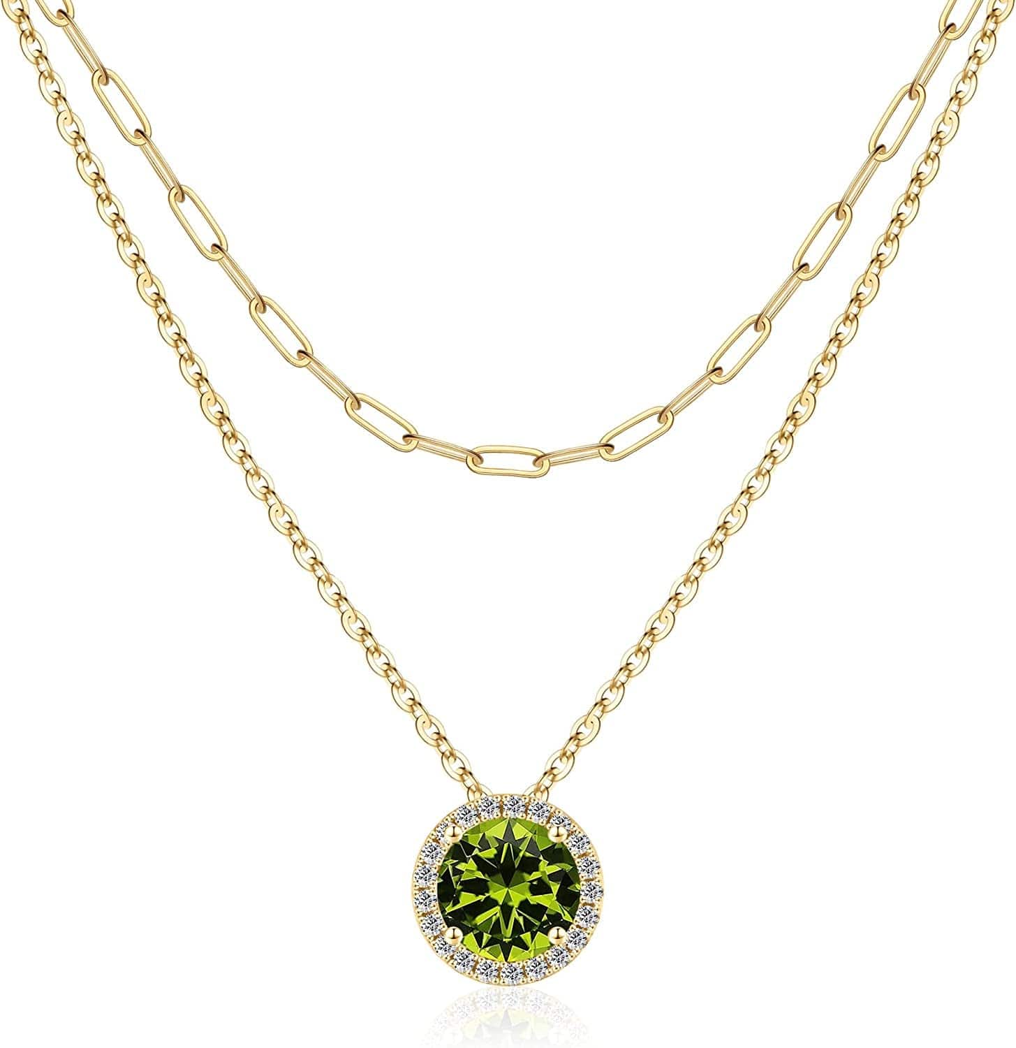 Layered Birthstone Necklace for Women Girls, Real Gold Plated Paperclip Chain Necklace for Women Classic round Pendant Birthstone Necklace Gold Necklace Birthday Gifts for Women Teen Girl Gifts 08 Aug - Peridot
