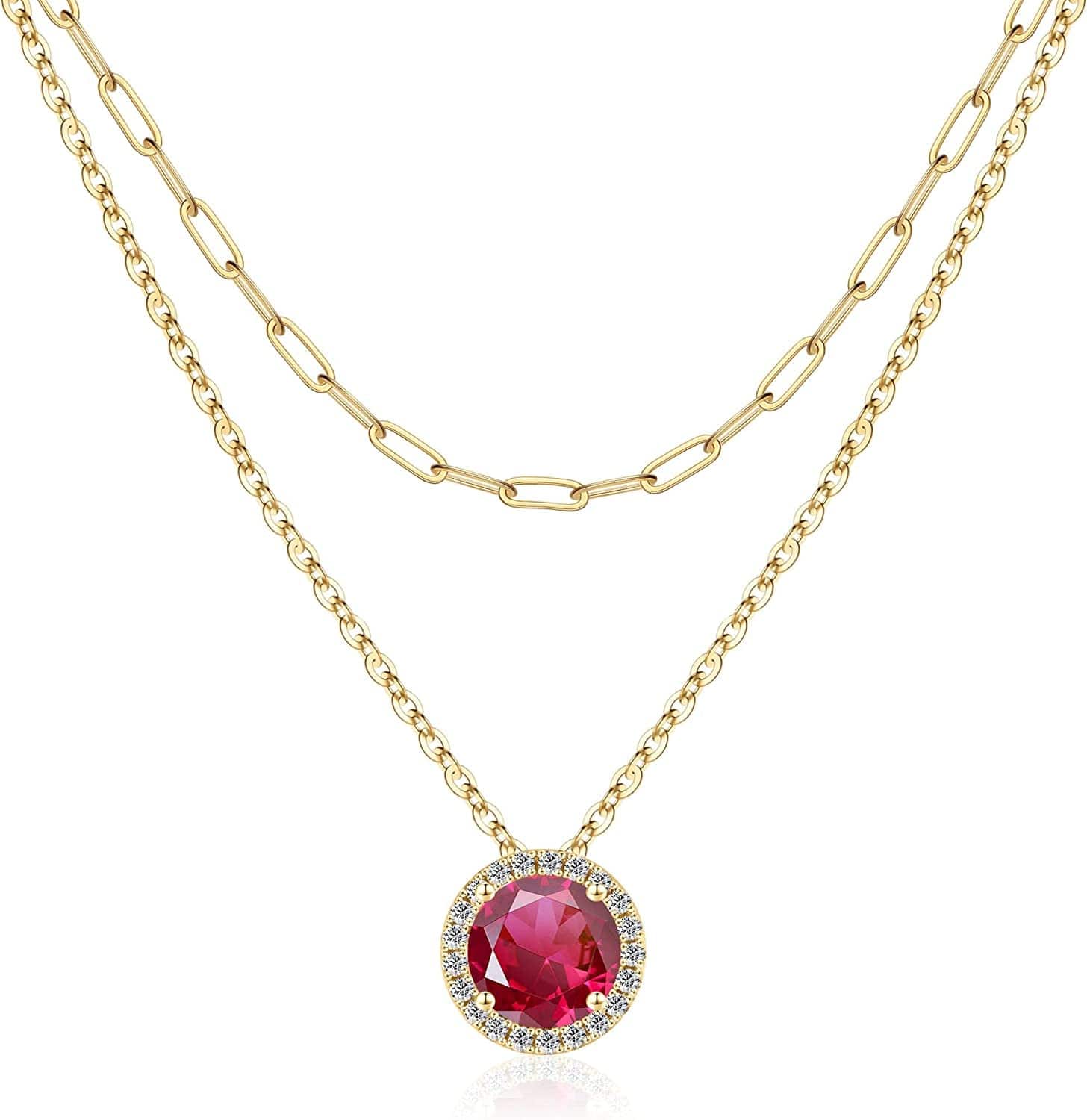Layered Birthstone Necklace for Women Girls, Real Gold Plated Paperclip Chain Necklace for Women Classic round Pendant Birthstone Necklace Gold Necklace Birthday Gifts for Women Teen Girl Gifts 07 July - Ruby
