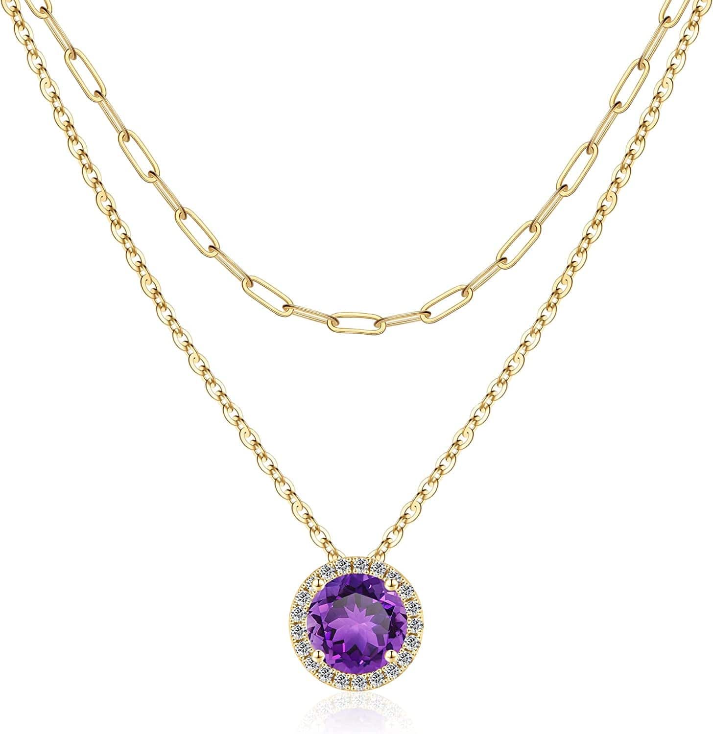 Layered Birthstone Necklace for Women Girls, Real Gold Plated Paperclip Chain Necklace for Women Classic round Pendant Birthstone Necklace Gold Necklace Birthday Gifts for Women Teen Girl Gifts 02 Feb - Amethyst