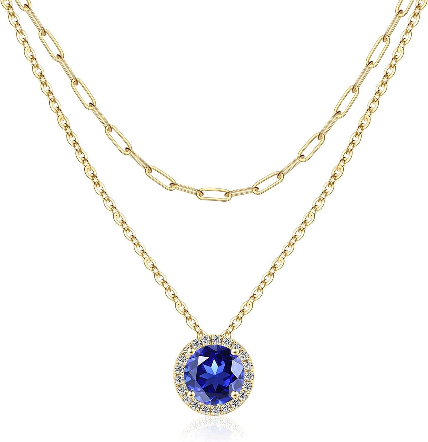 Layered Birthstone Necklace for Women Girls, Real Gold Plated Paperclip Chain Necklace for Women Classic round Pendant Birthstone Necklace Gold Necklace Birthday Gifts for Women Teen Girl Gifts 09 Sep - Sapphire