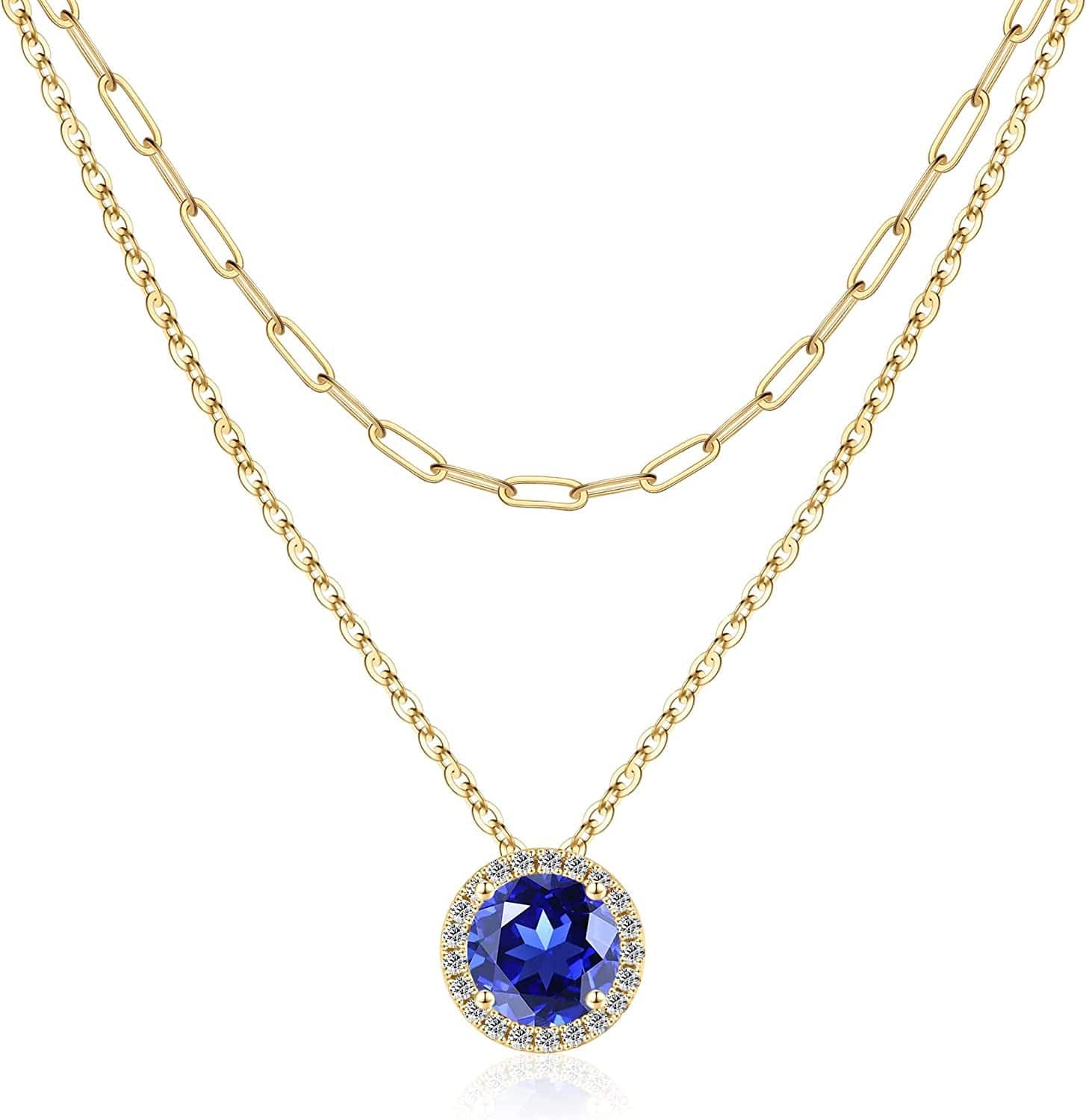 Layered Birthstone Necklace for Women Girls, Real Gold Plated Paperclip Chain Necklace for Women Classic round Pendant Birthstone Necklace Gold Necklace Birthday Gifts for Women Teen Girl Gifts 09 Sep - Sapphire