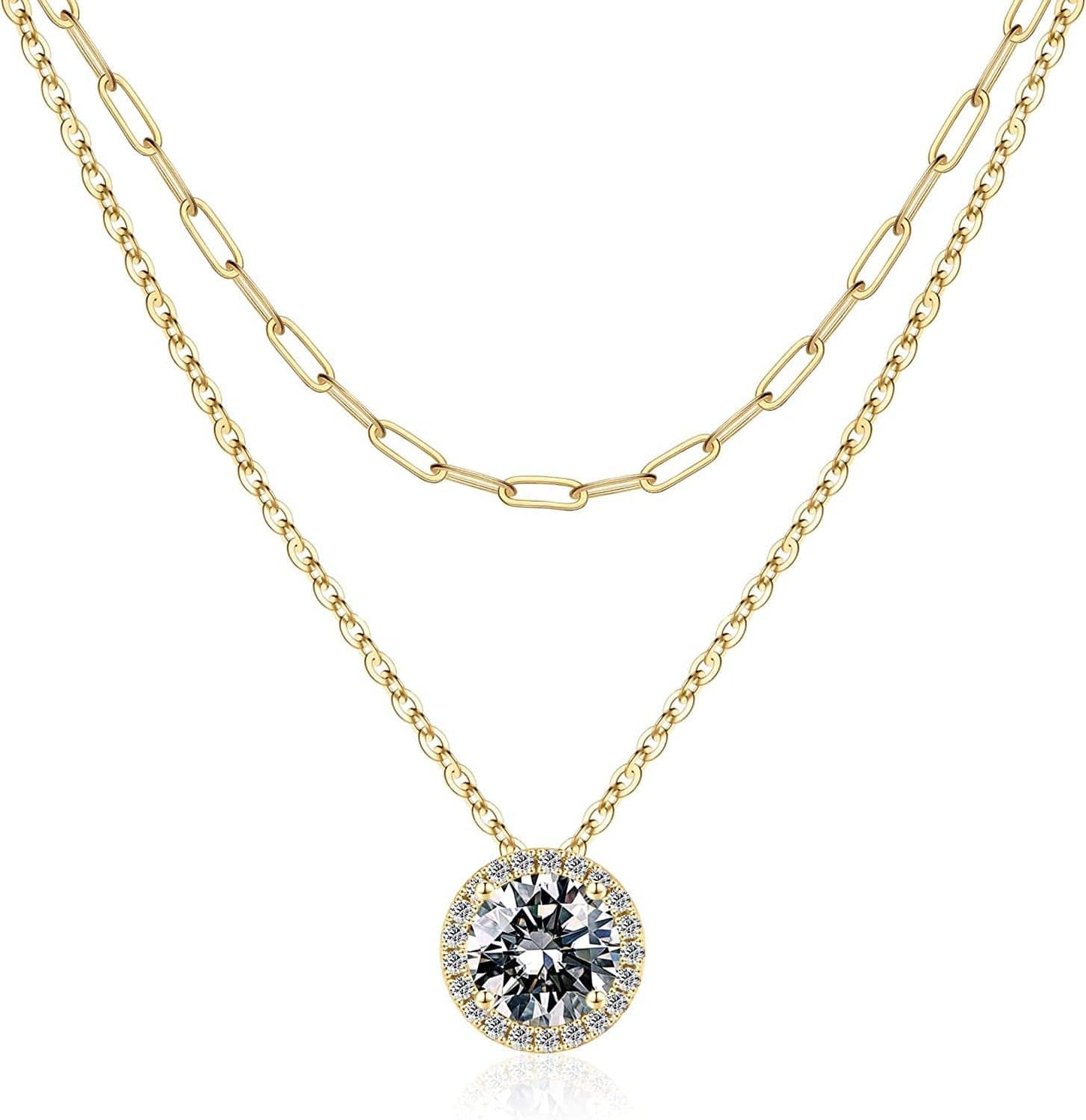 Layered Birthstone Necklace for Women Girls, Real Gold Plated Paperclip Chain Necklace for Women Classic round Pendant Birthstone Necklace Gold Necklace Birthday Gifts for Women Teen Girl Gifts 04 Apr - White Topaz