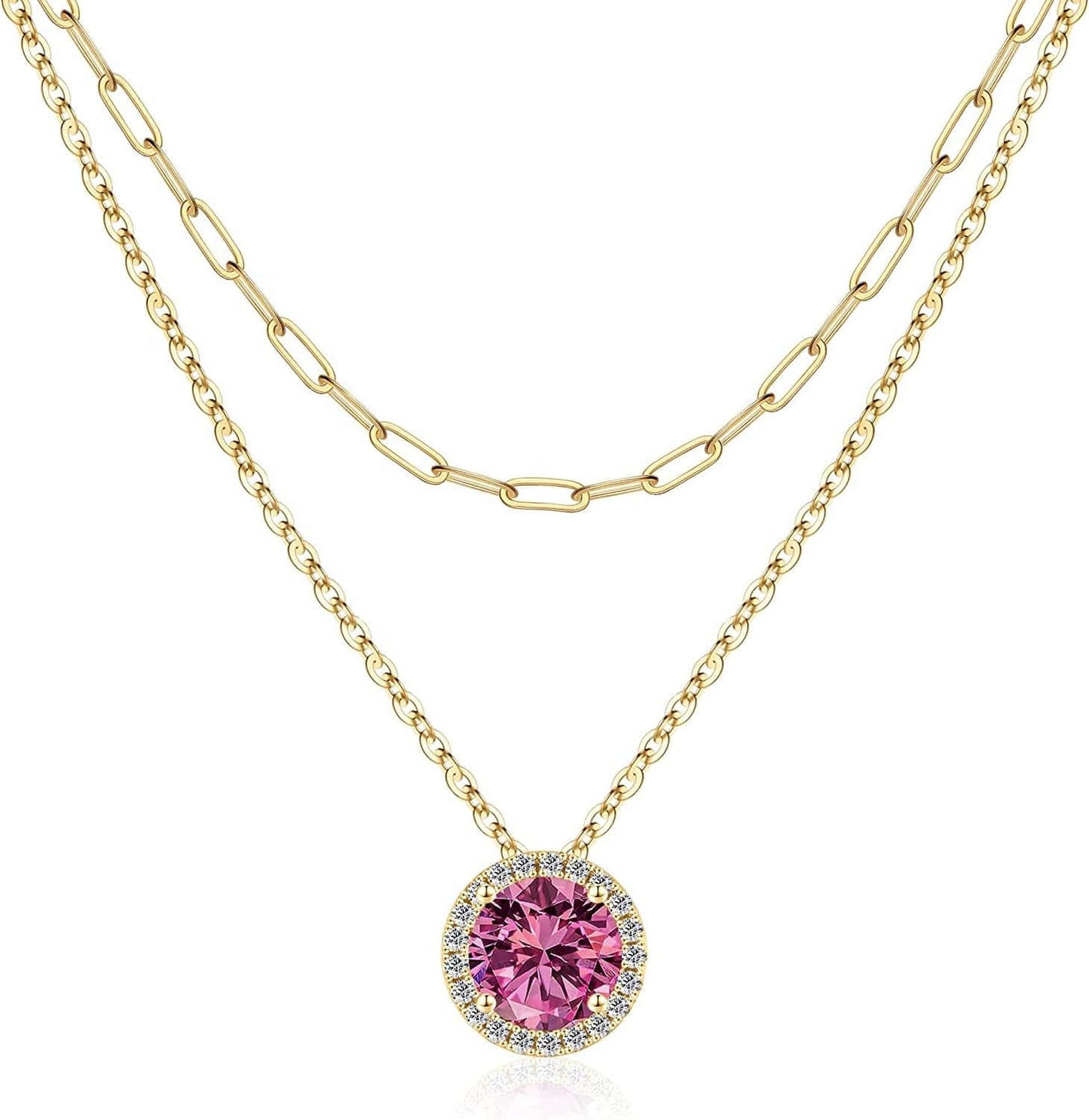 Layered Birthstone Necklace for Women Girls, Real Gold Plated Paperclip Chain Necklace for Women Classic round Pendant Birthstone Necklace Gold Necklace Birthday Gifts for Women Teen Girl Gifts 10 Oct - Pink Sapphire