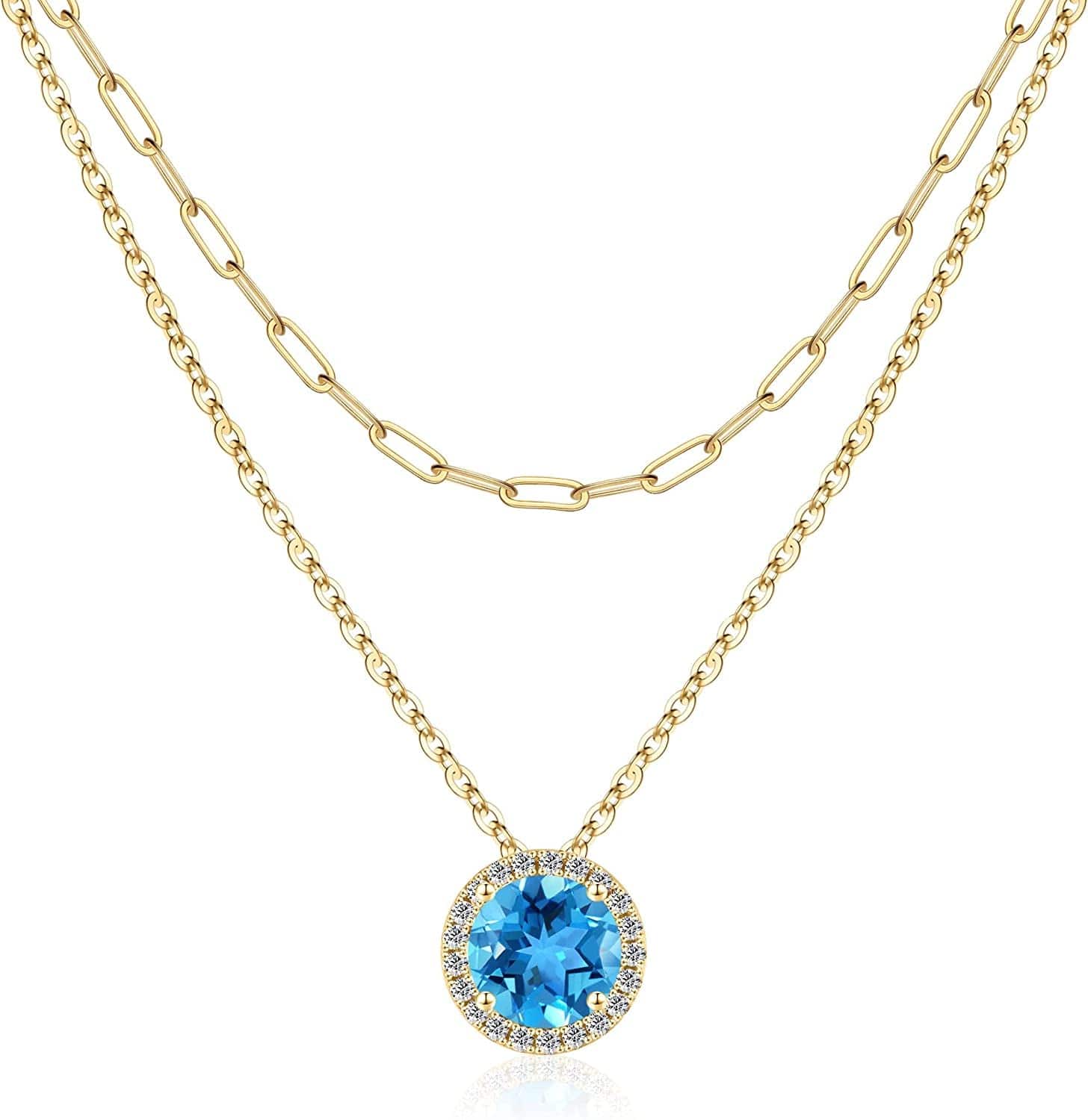 Layered Birthstone Necklace for Women Girls, Real Gold Plated Paperclip Chain Necklace for Women Classic round Pendant Birthstone Necklace Gold Necklace Birthday Gifts for Women Teen Girl Gifts 11 Nov - Blue Topaz