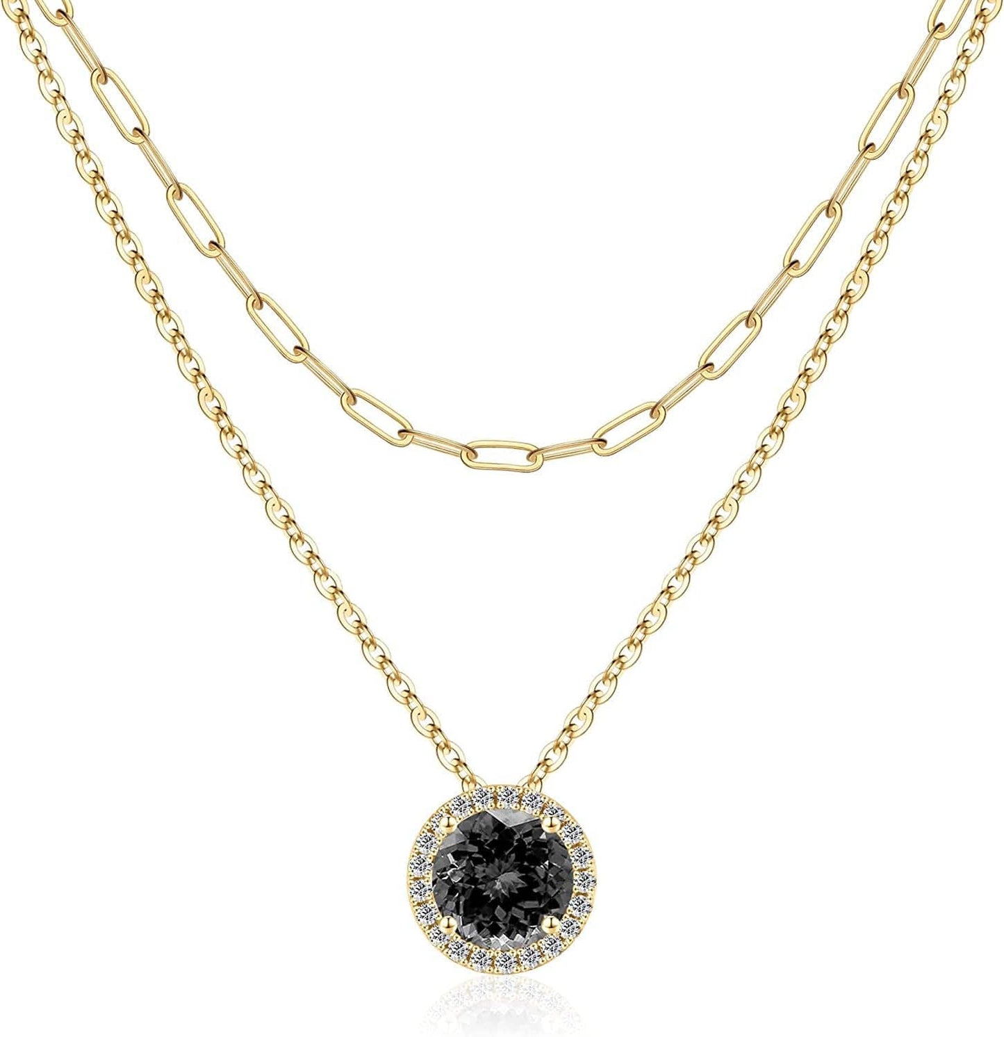 Layered Birthstone Necklace for Women Girls, Real Gold Plated Paperclip Chain Necklace for Women Classic round Pendant Birthstone Necklace Gold Necklace Birthday Gifts for Women Teen Girl Gifts Black Cubic Zirconia