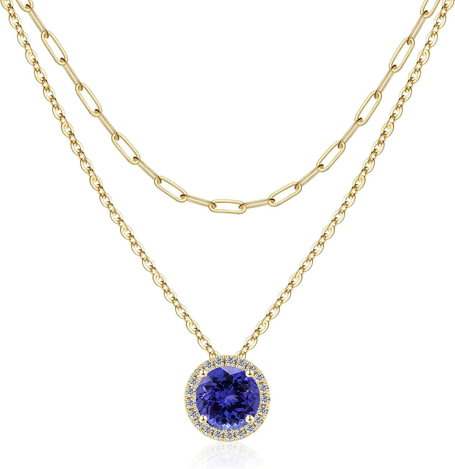 Layered Birthstone Necklace for Women Girls, Real Gold Plated Paperclip Chain Necklace for Women Classic round Pendant Birthstone Necklace Gold Necklace Birthday Gifts for Women Teen Girl Gifts 13 Dec - Tanzanite