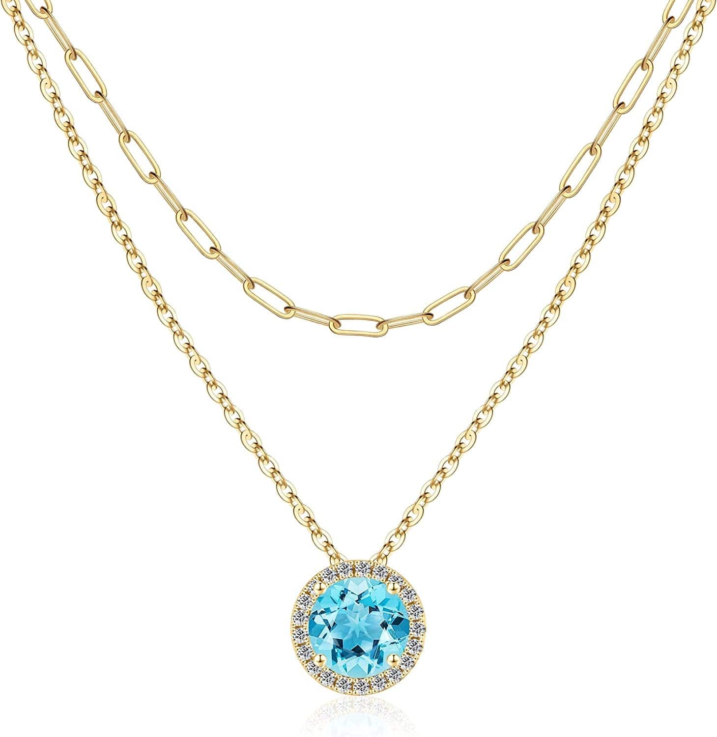 Layered Birthstone Necklace for Women Girls, Real Gold Plated Paperclip Chain Necklace for Women Classic round Pendant Birthstone Necklace Gold Necklace Birthday Gifts for Women Teen Girl Gifts 03 Mar - Aquamarine