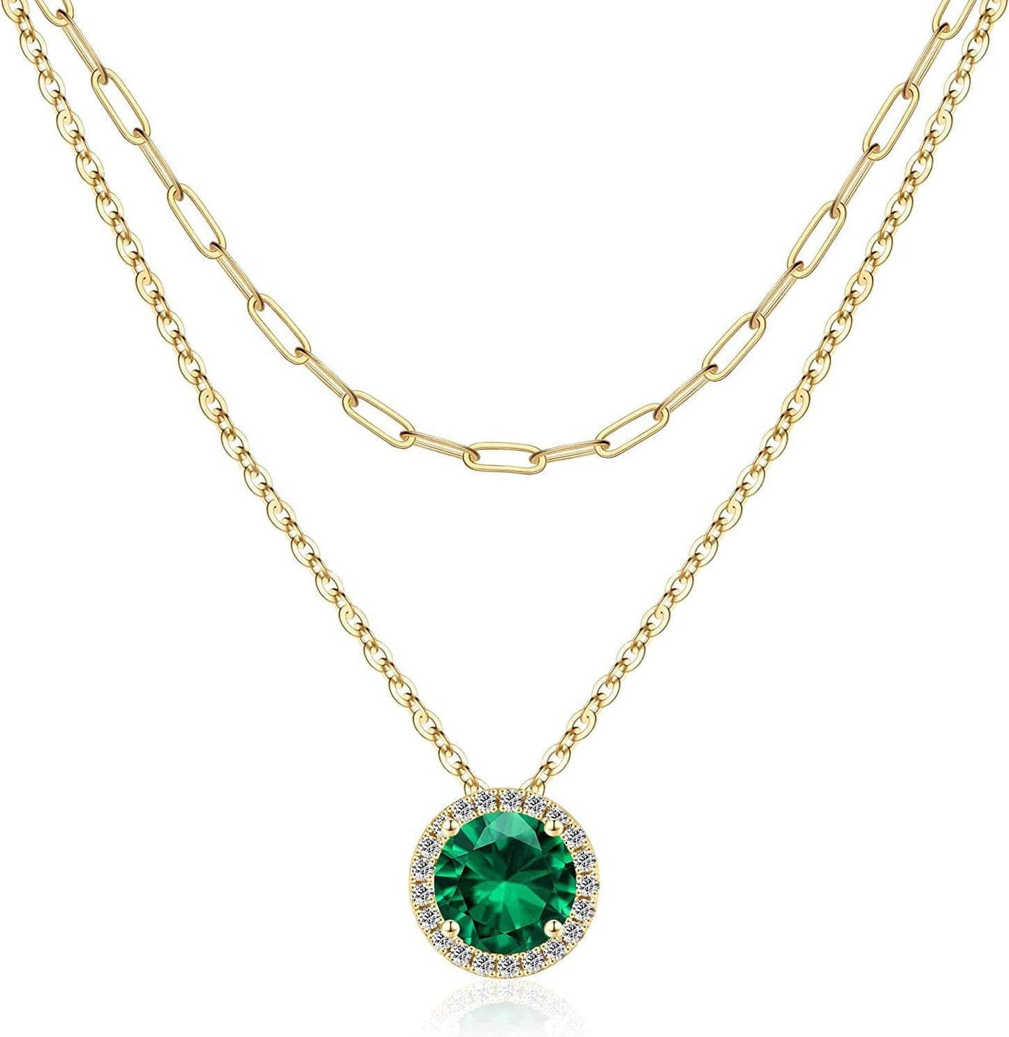 Layered Birthstone Necklace for Women Girls, Real Gold Plated Paperclip Chain Necklace for Women Classic round Pendant Birthstone Necklace Gold Necklace Birthday Gifts for Women Teen Girl Gifts 05 May - Emerald