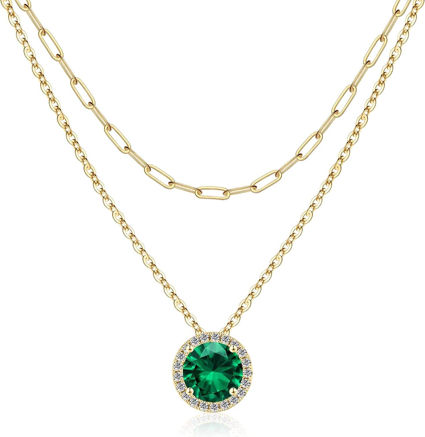 Layered Birthstone Necklace for Women Girls, Real Gold Plated Paperclip Chain Necklace for Women Classic round Pendant Birthstone Necklace Gold Necklace Birthday Gifts for Women Teen Girl Gifts 05 May - Emerald