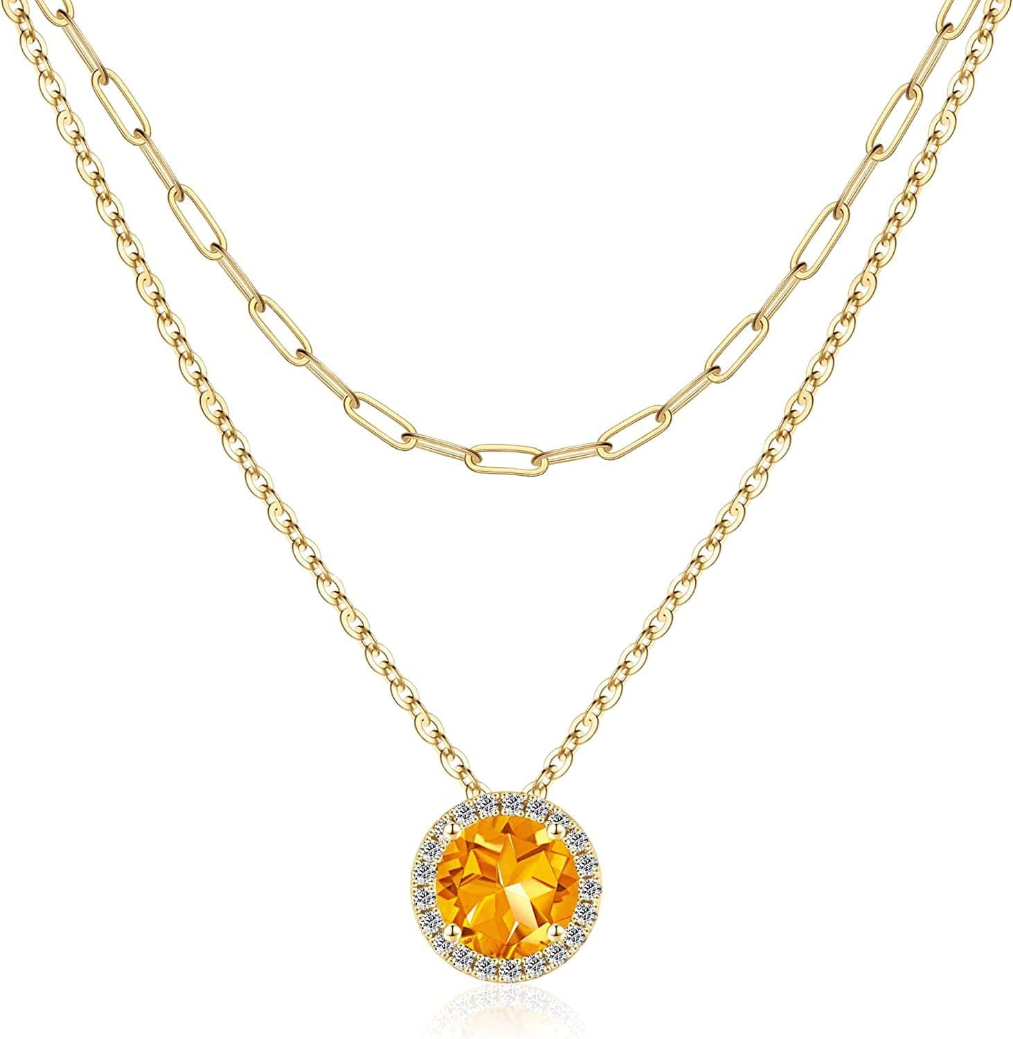 Layered Birthstone Necklace for Women Girls, Real Gold Plated Paperclip Chain Necklace for Women Classic round Pendant Birthstone Necklace Gold Necklace Birthday Gifts for Women Teen Girl Gifts 12 Nov - Citrine
