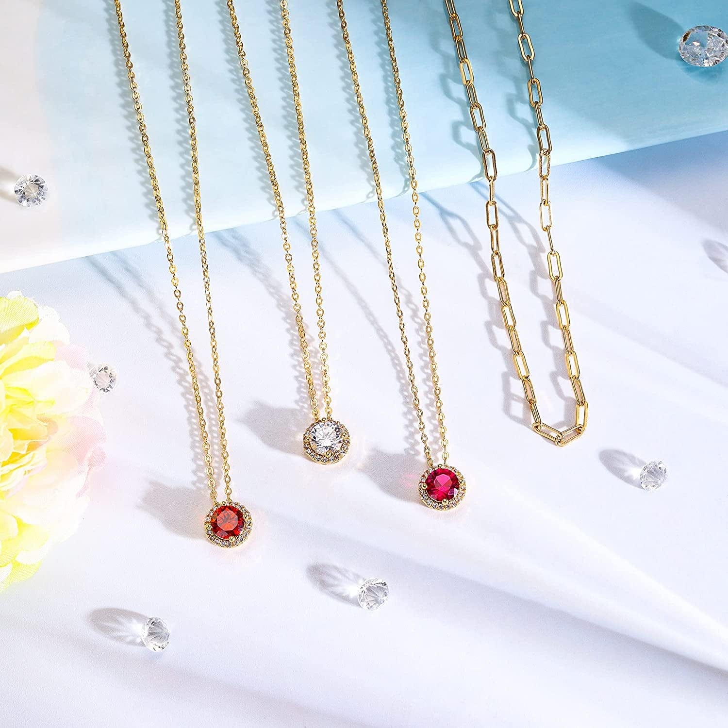 Layered Birthstone Necklace for Women Girls, Real Gold Plated Paperclip Chain Necklace for Women Classic round Pendant Birthstone Necklace Gold Necklace Birthday Gifts for Women Teen Girl Gifts