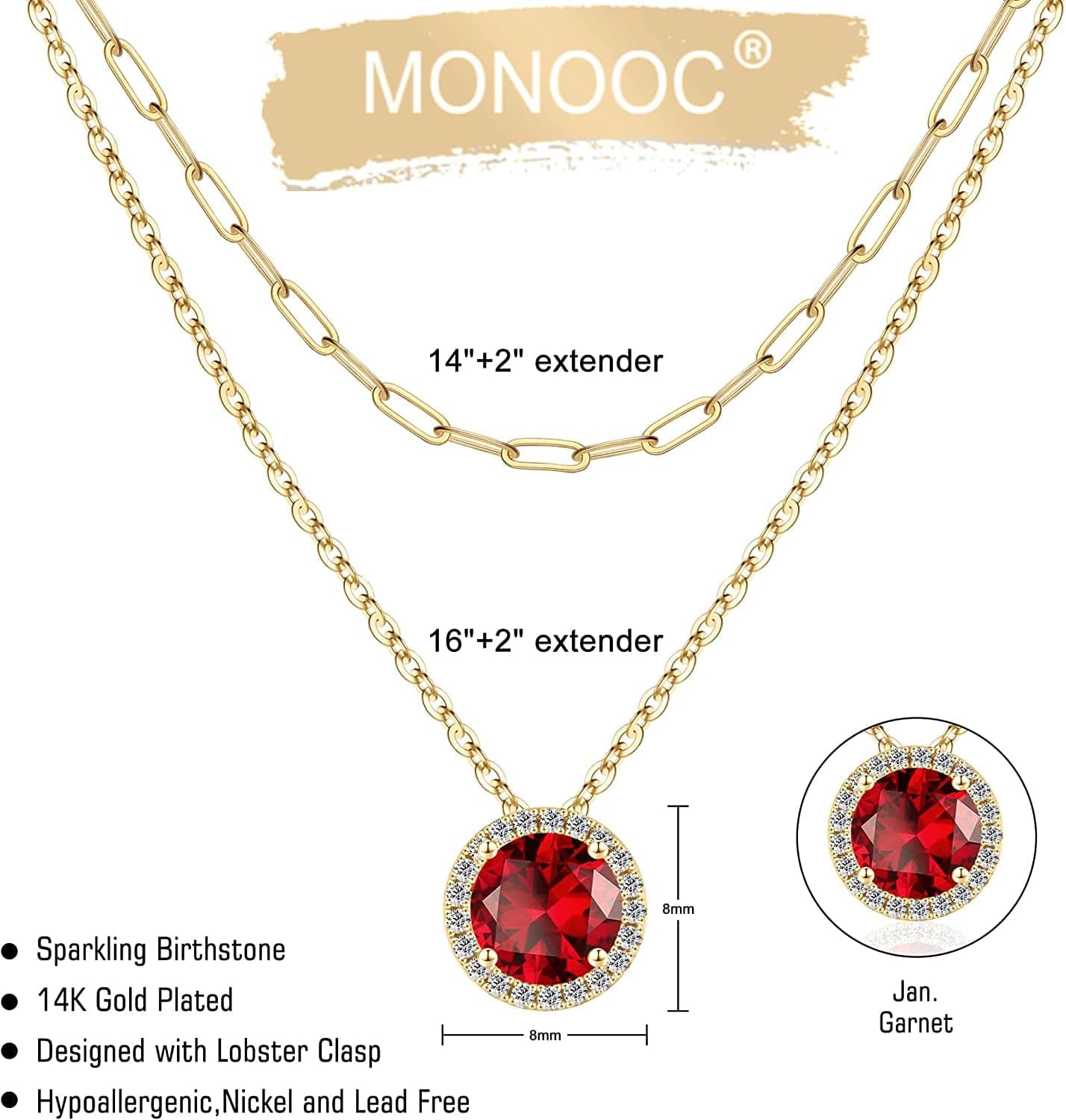 Layered Birthstone Necklace for Women Girls, Real Gold Plated Paperclip Chain Necklace for Women Classic round Pendant Birthstone Necklace Gold Necklace Birthday Gifts for Women Teen Girl Gifts