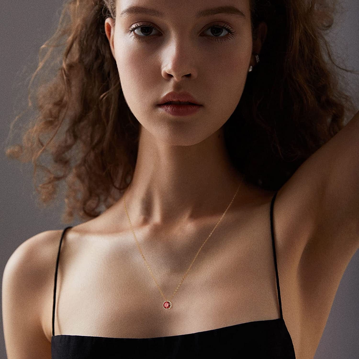 Layered Birthstone Necklace for Women Girls, Real Gold Plated Paperclip Chain Necklace for Women Classic round Pendant Birthstone Necklace Gold Necklace Birthday Gifts for Women Teen Girl Gifts