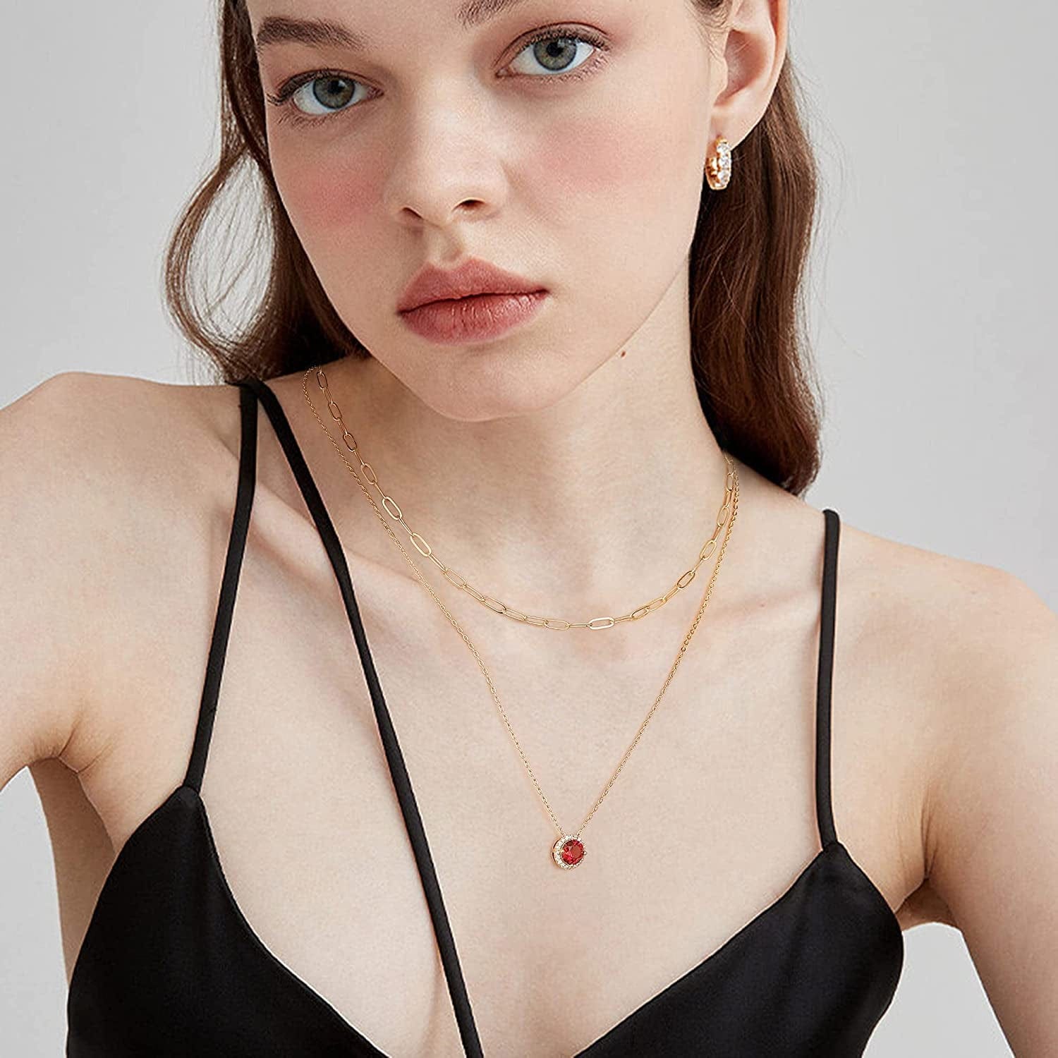 Layered Birthstone Necklace for Women Girls, Real Gold Plated Paperclip Chain Necklace for Women Classic round Pendant Birthstone Necklace Gold Necklace Birthday Gifts for Women Teen Girl Gifts