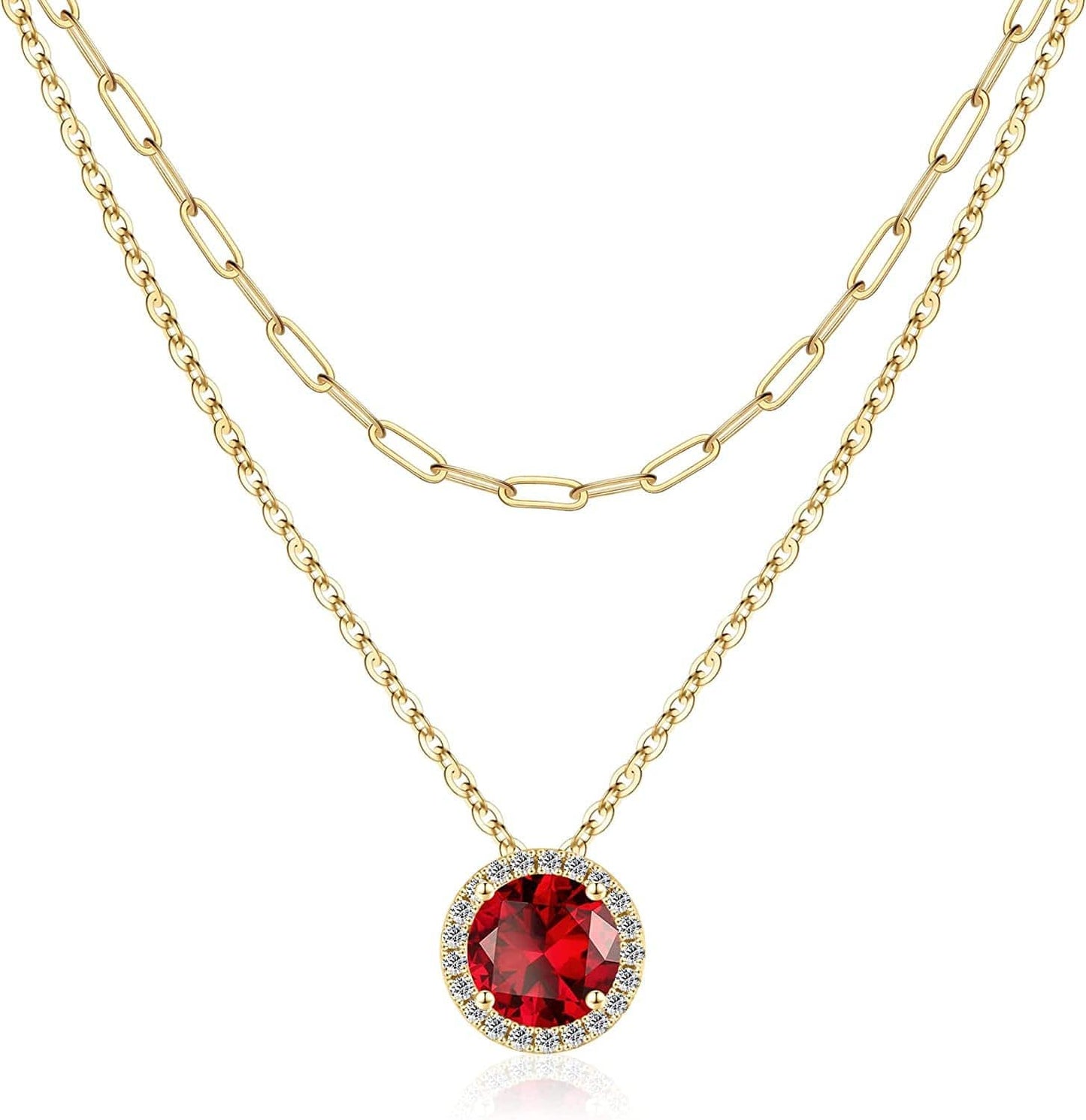 Layered Birthstone Necklace for Women Girls, Real Gold Plated Paperclip Chain Necklace for Women Classic round Pendant Birthstone Necklace Gold Necklace Birthday Gifts for Women Teen Girl Gifts 01 Jan - Garnet
