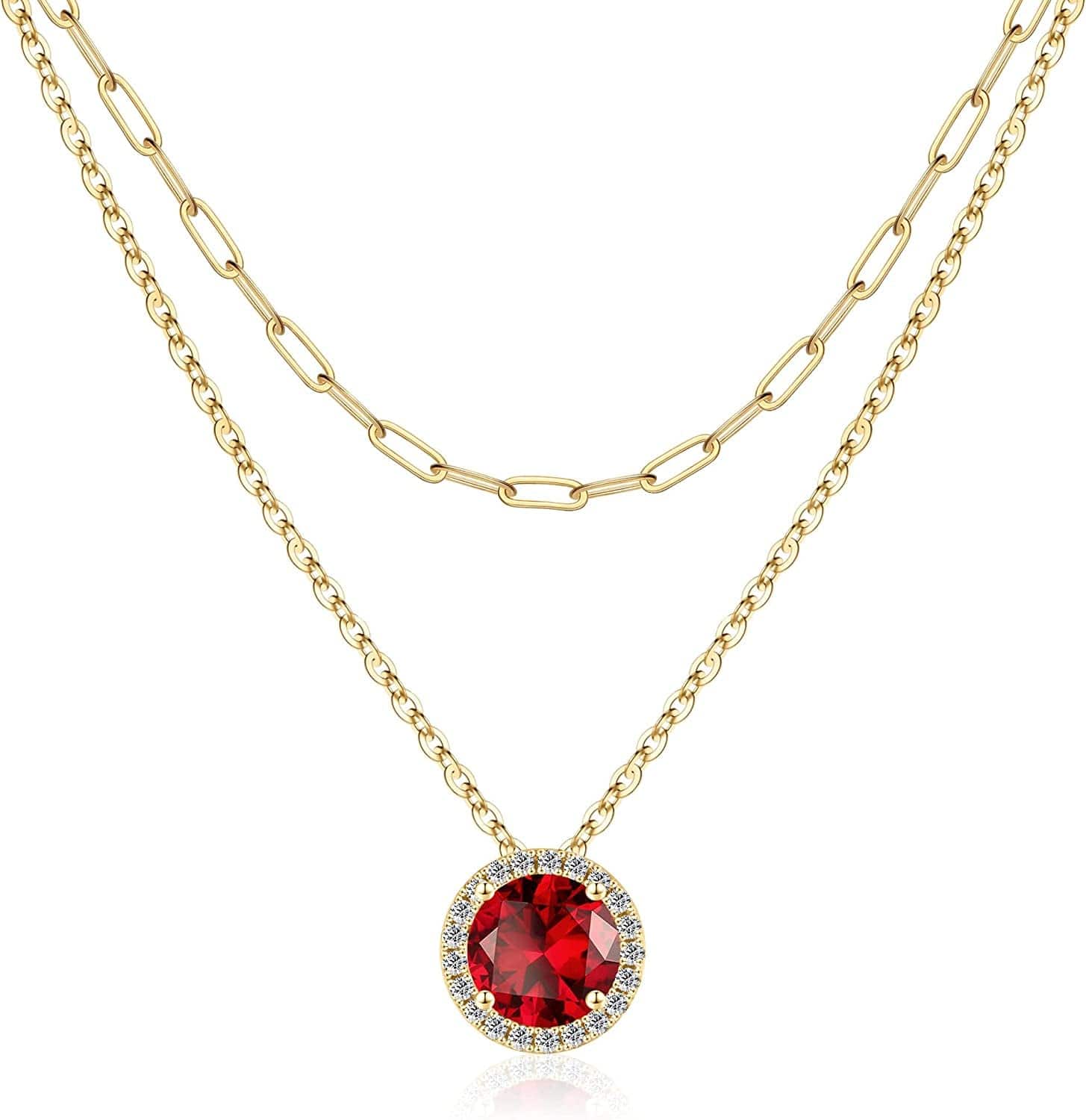 Layered Birthstone Necklace for Women Girls, Real Gold Plated Paperclip Chain Necklace for Women Classic round Pendant Birthstone Necklace Gold Necklace Birthday Gifts for Women Teen Girl Gifts 01 Jan - Garnet