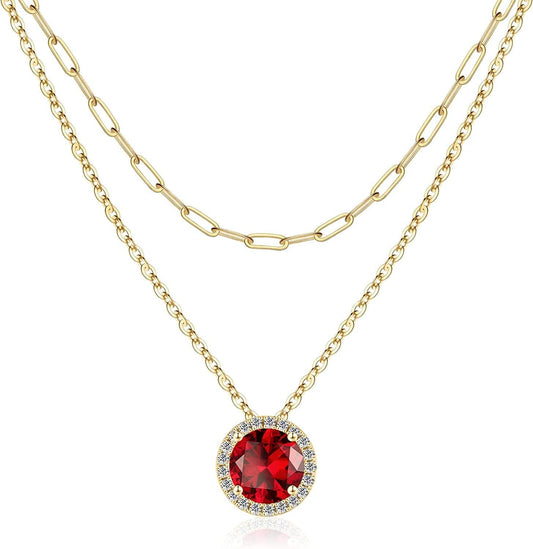 Layered Birthstone Necklace for Women Girls, Real Gold Plated Paperclip Chain Necklace for Women Classic round Pendant Birthstone Necklace Gold Necklace Birthday Gifts for Women Teen Girl Gifts 01 Jan - Garnet