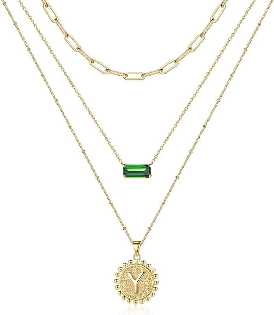 Layered Gold Necklace for Women,14K Gold Plated Necklace Initial Letter Necklace Green Crystal Necklace Gold Necklaces Set Layering Paperclip Chain Gold Layered Necklaces for Women Girls Jewelry Gifts Y