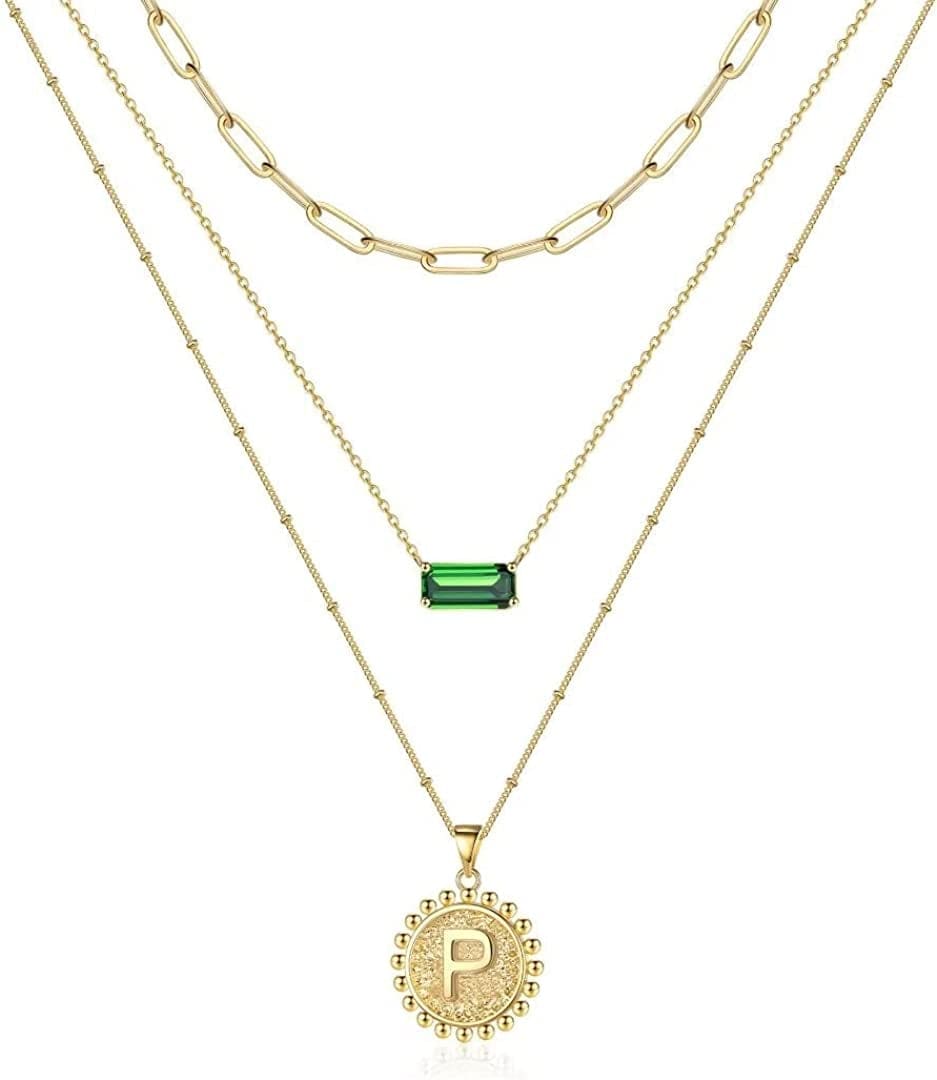 Layered Gold Necklace for Women,14K Gold Plated Necklace Initial Letter Necklace Green Crystal Necklace Gold Necklaces Set Layering Paperclip Chain Gold Layered Necklaces for Women Girls Jewelry Gifts P