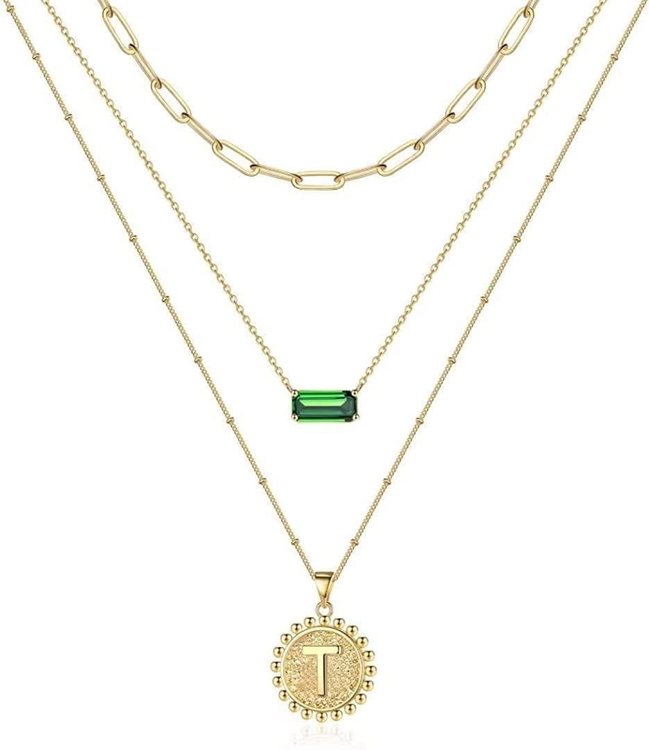 Layered Gold Necklace for Women,14K Gold Plated Necklace Initial Letter Necklace Green Crystal Necklace Gold Necklaces Set Layering Paperclip Chain Gold Layered Necklaces for Women Girls Jewelry Gifts T