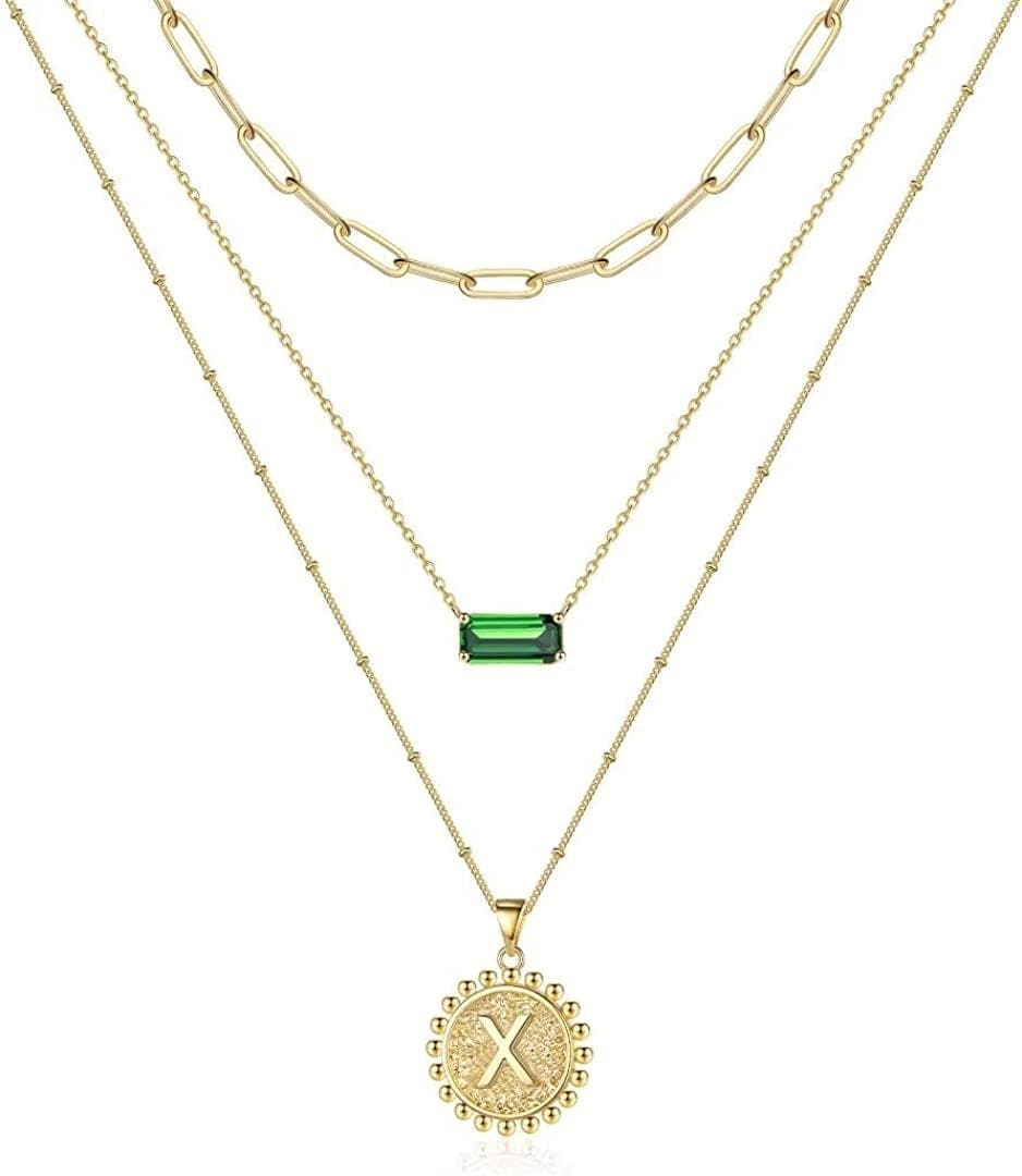 Layered Gold Necklace for Women,14K Gold Plated Necklace Initial Letter Necklace Green Crystal Necklace Gold Necklaces Set Layering Paperclip Chain Gold Layered Necklaces for Women Girls Jewelry Gifts X