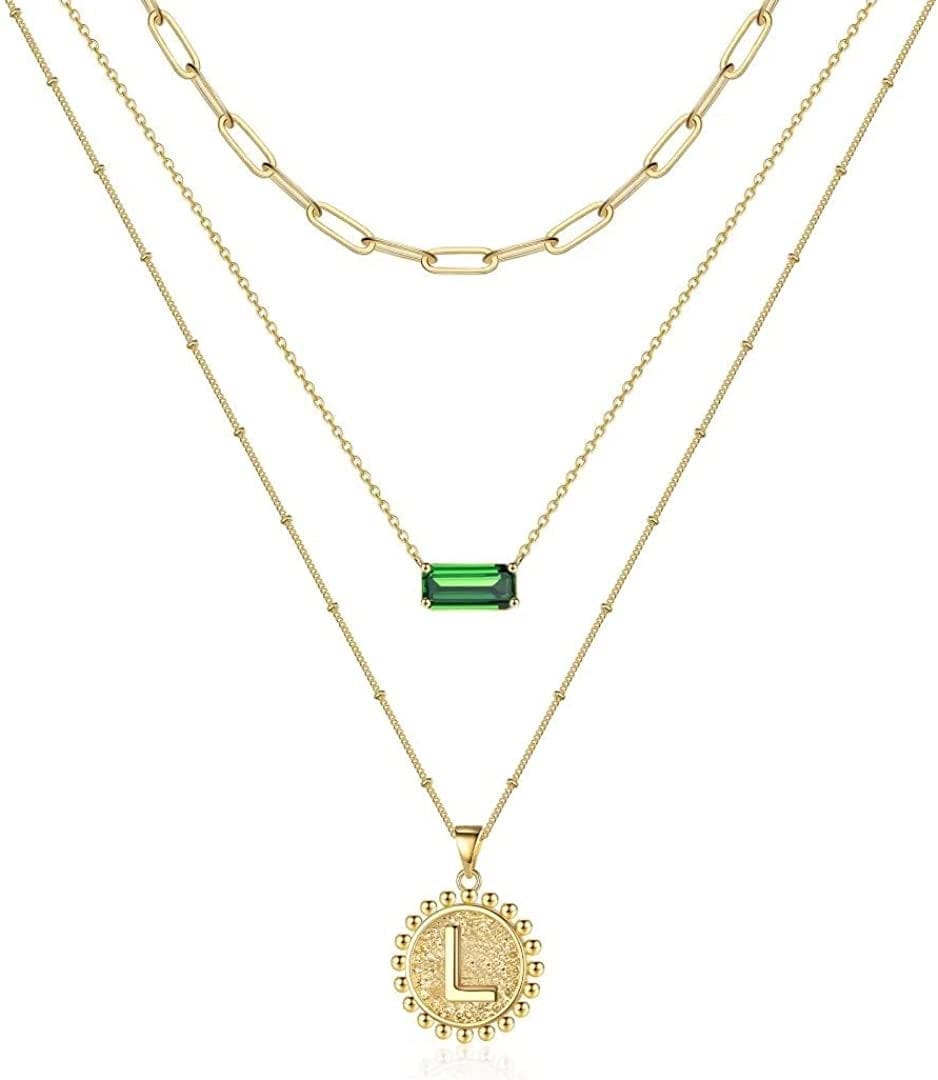 Layered Gold Necklace for Women,14K Gold Plated Necklace Initial Letter Necklace Green Crystal Necklace Gold Necklaces Set Layering Paperclip Chain Gold Layered Necklaces for Women Girls Jewelry Gifts L